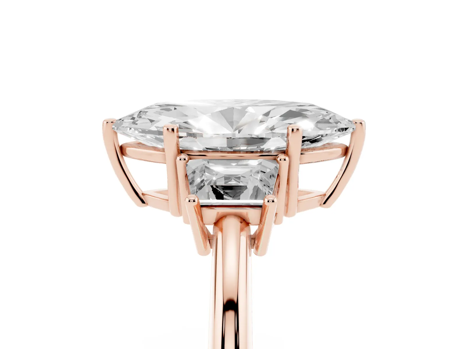Marquise Cut Diamond Three-Stone Ring with Trapezoid Side Stones and Prong Setting Rose gold