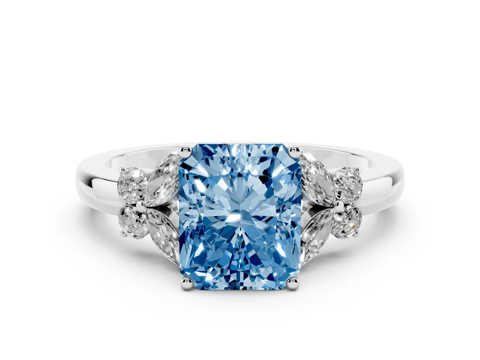 Fancy Blue Radiant Cut Cut Solitaire Floral Diamond Ring with Four-Prong Setting Platinum
