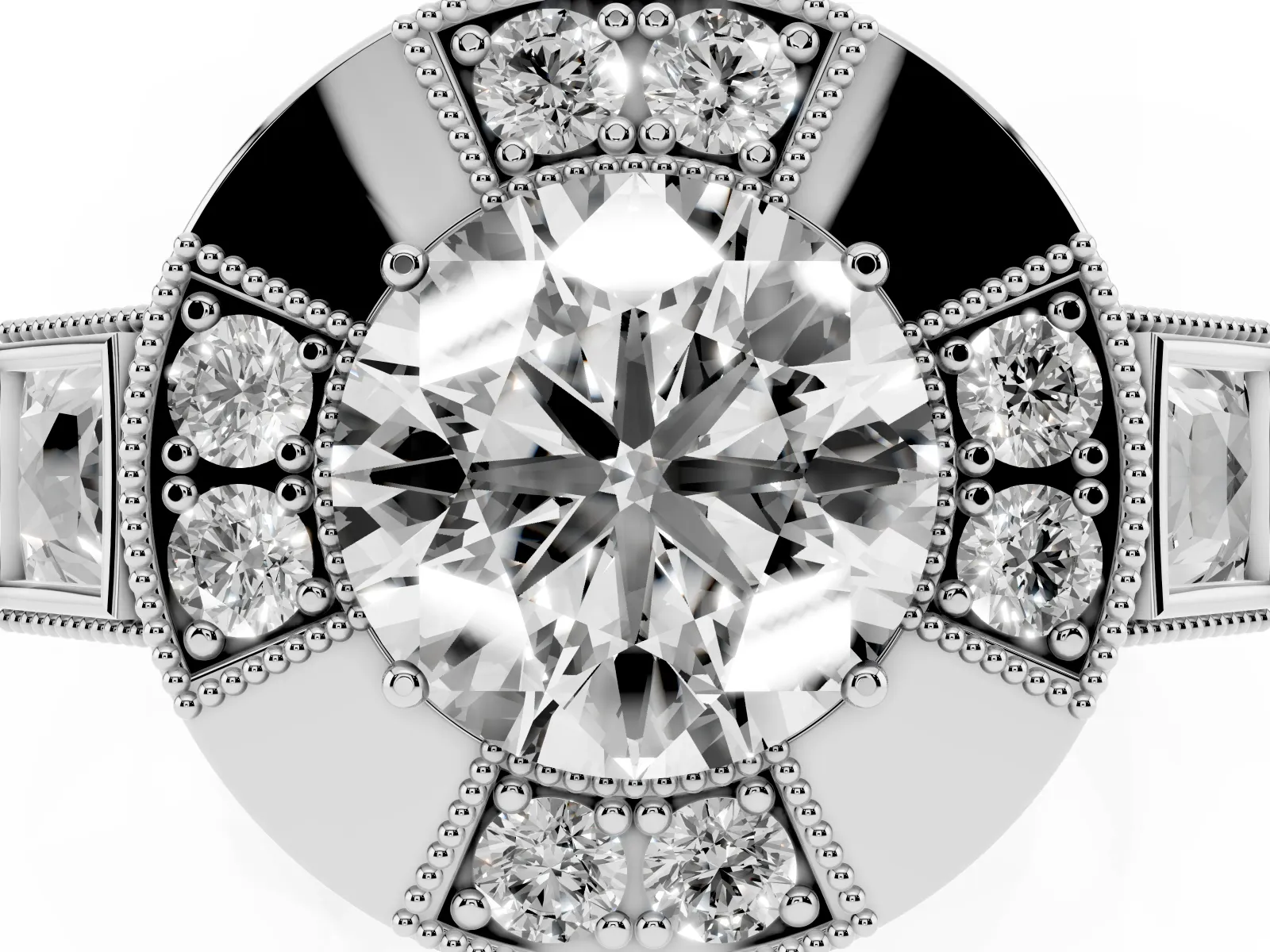 Milgrain Round Cut Diamond Halo Split Shank Ring Platinum