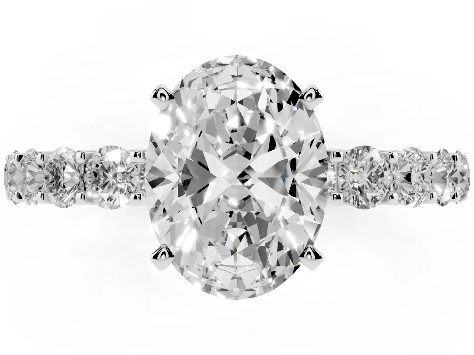 Oval Cut Diamond Solitaire Ring with Shared Prong Pavé Band and Four-Prong Setting White gold