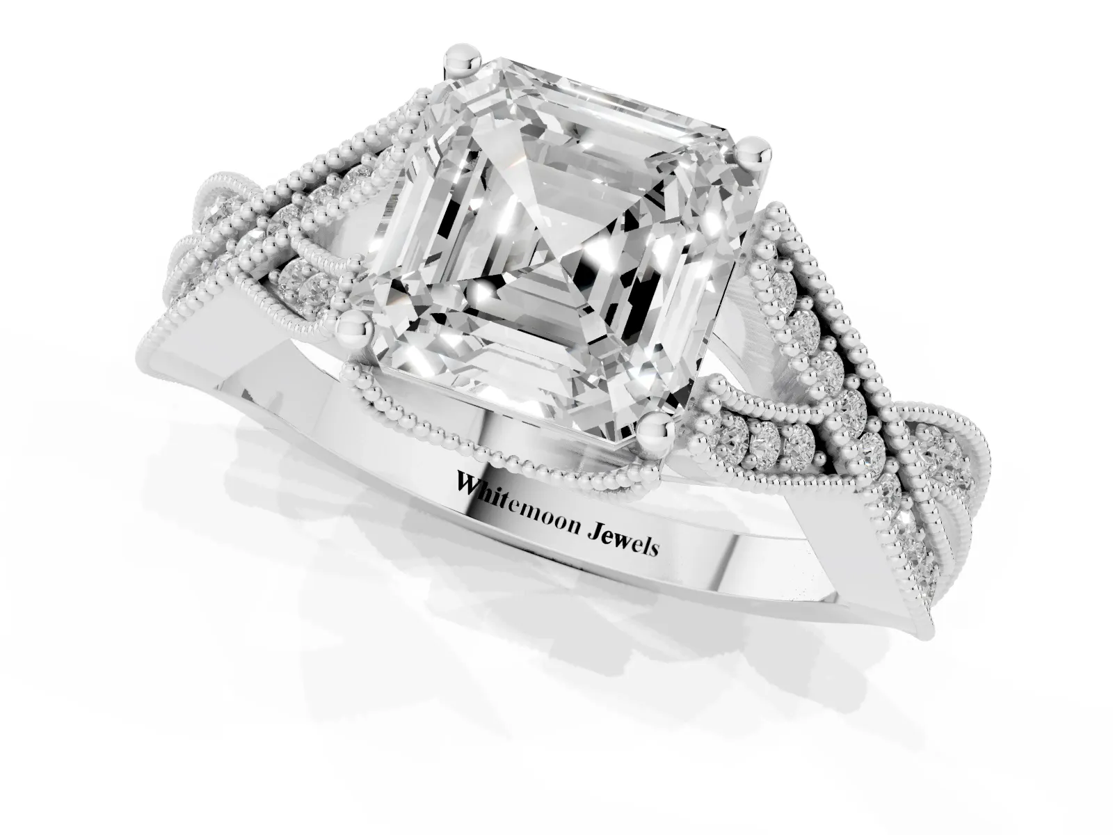Asscher Cut Cut Diamond Twisted Band with Milgrain Pave Setting and Four-Prong Setting Platinum