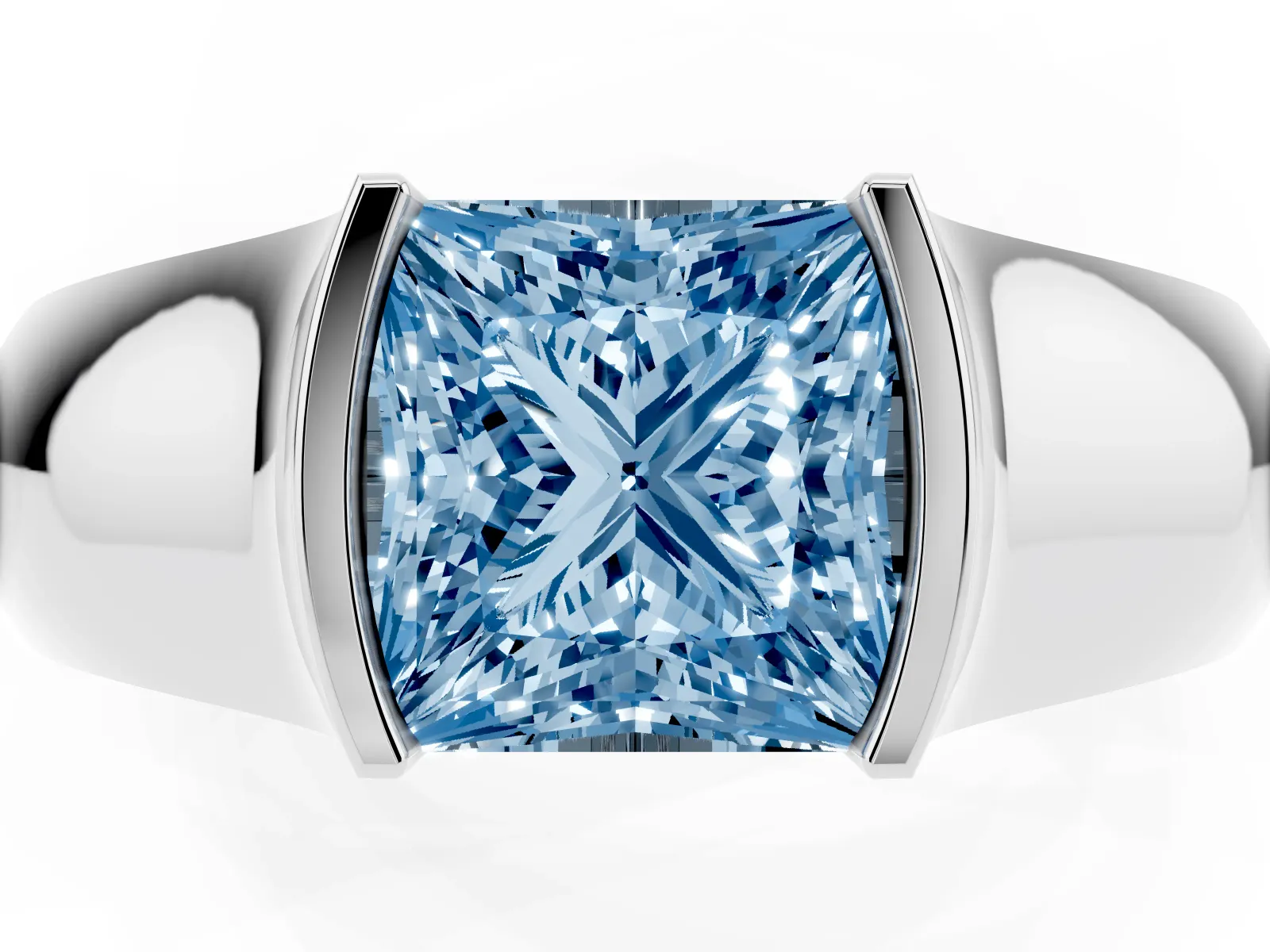 Fancy Blue Princess Cut Solitaire Bezel Set Diamond Ring with Wide Band White gold