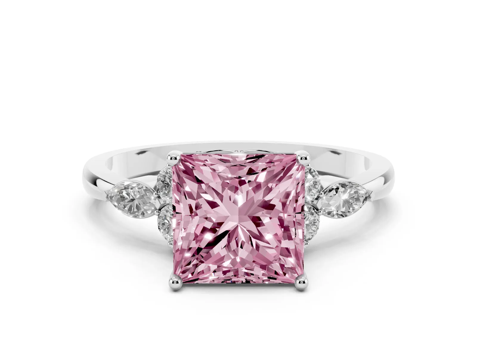 Fancy Pink Princess Cut Brilliant Diamond Solitaire Ring with Pear Side Stones and Four-Prong Setting Platinum