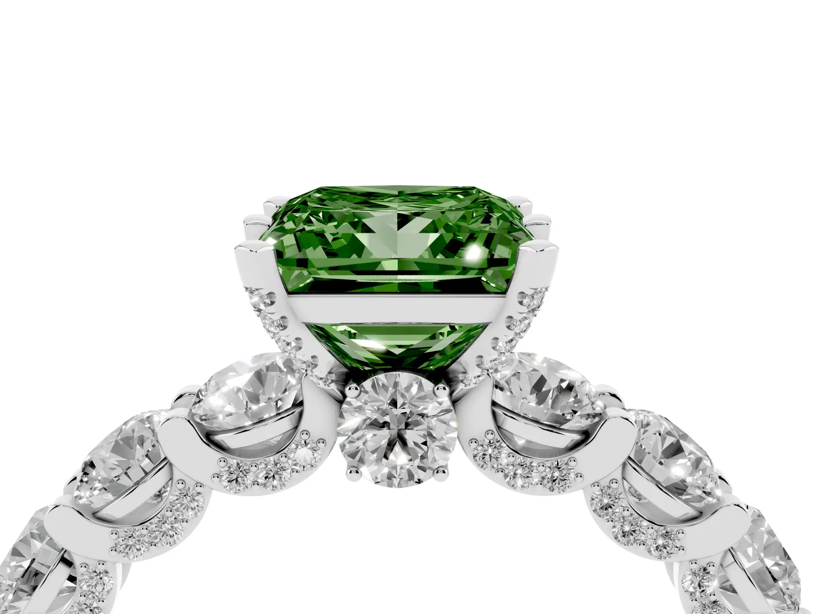 Fancy Green Princess Cut Diamond Side Stone Engagement Ring with Four-Prong Setting Platinum