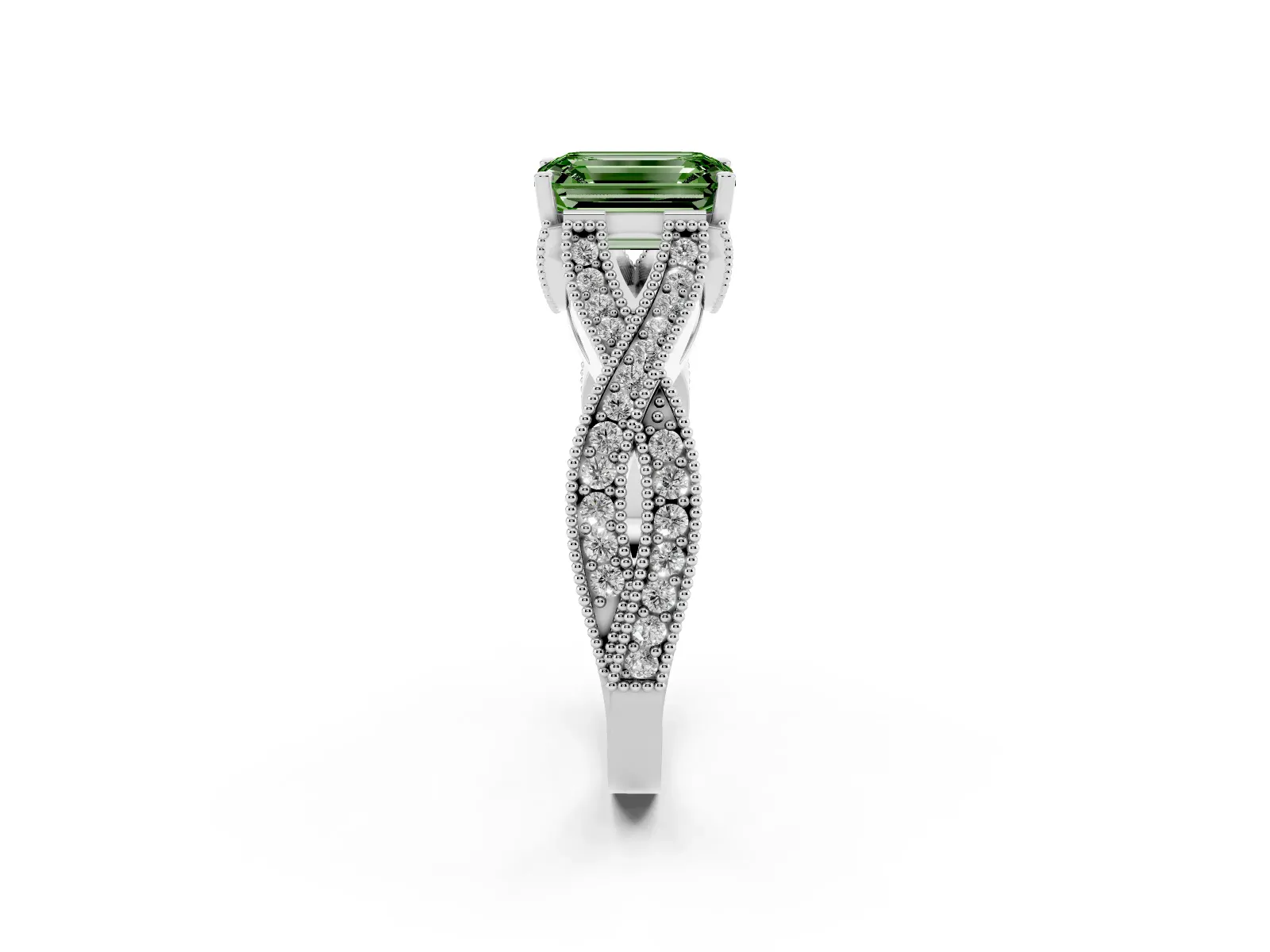 Fancy Green Emerald Cut Cut Diamond Twisted Band with Milgrain Pave Setting and Four-Prong Setting Platinum