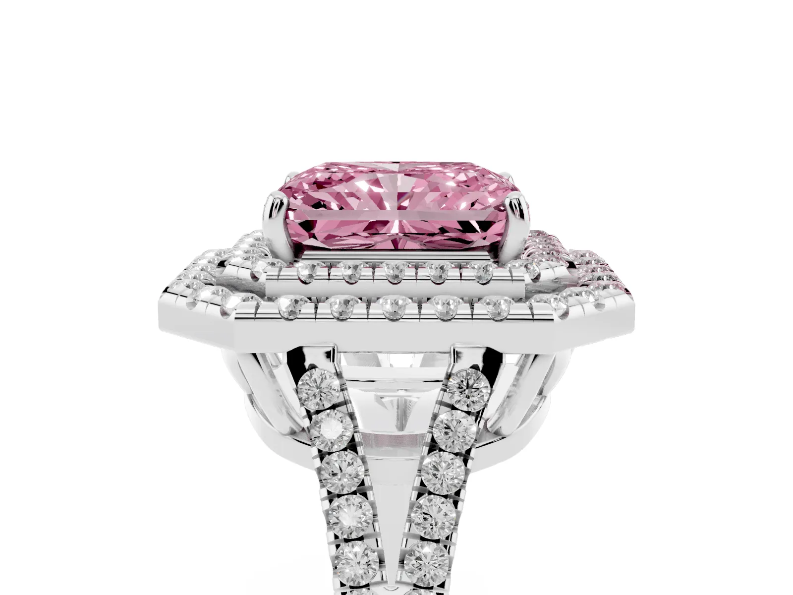 Fancy Pink Radiant Cut Diamond Double Halo Ring with Pavé Band and Prong Setting Platinum