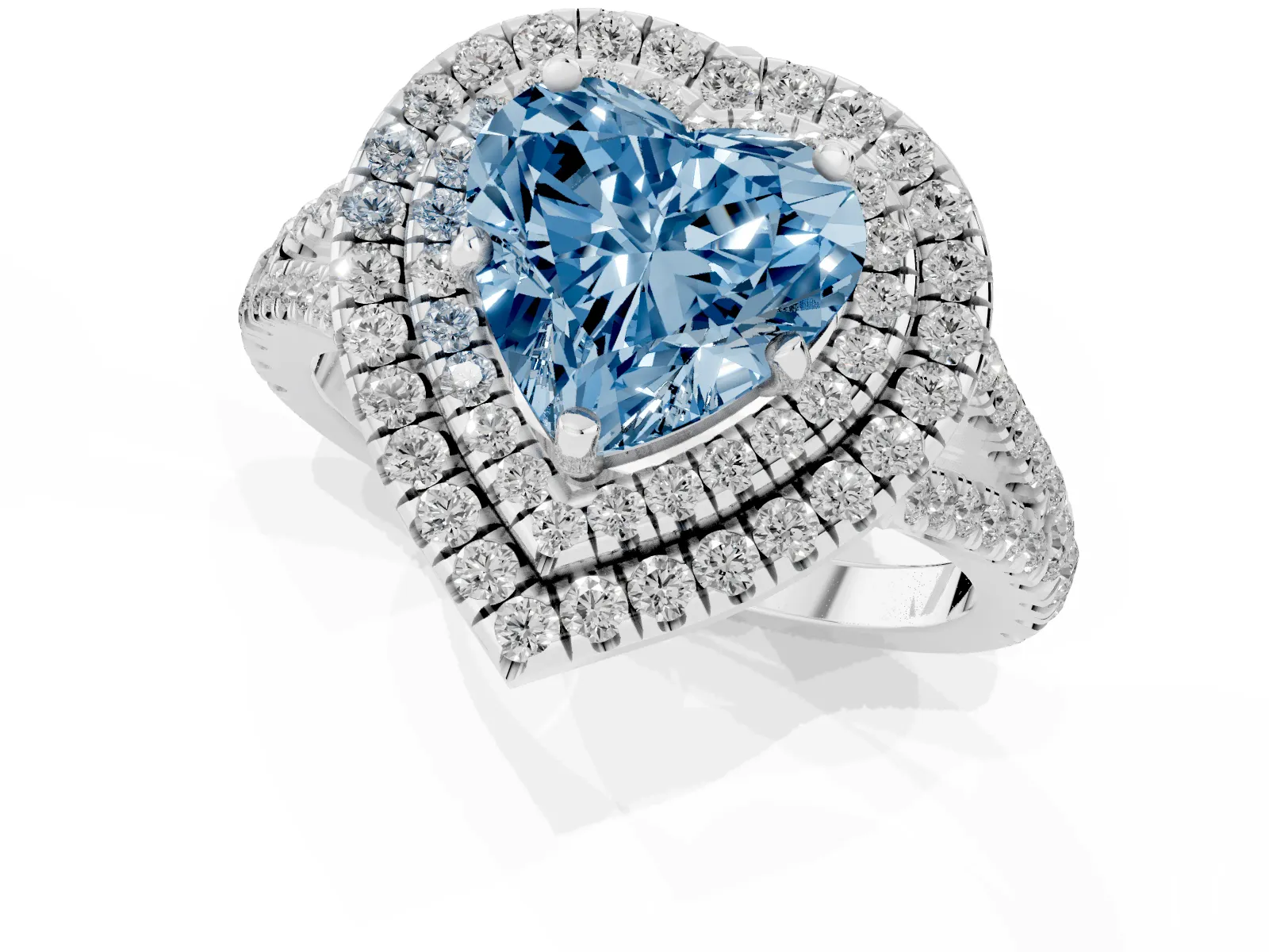 Fancy Blue Heart Cut Diamond Double Halo Ring with Pavé Band and Prong Setting Platinum