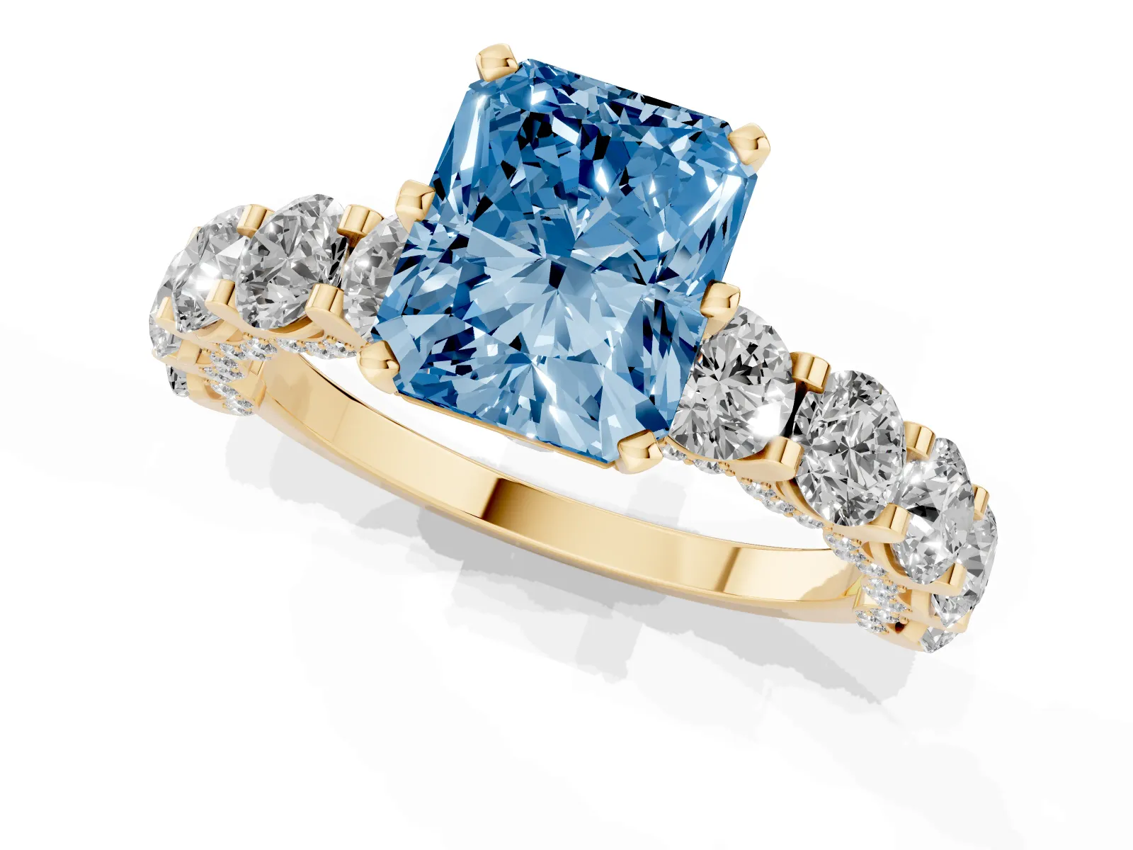 Fancy Blue Radiant Cut Diamond Side Stone Engagement Ring with Four-Prong Setting Yellow gold