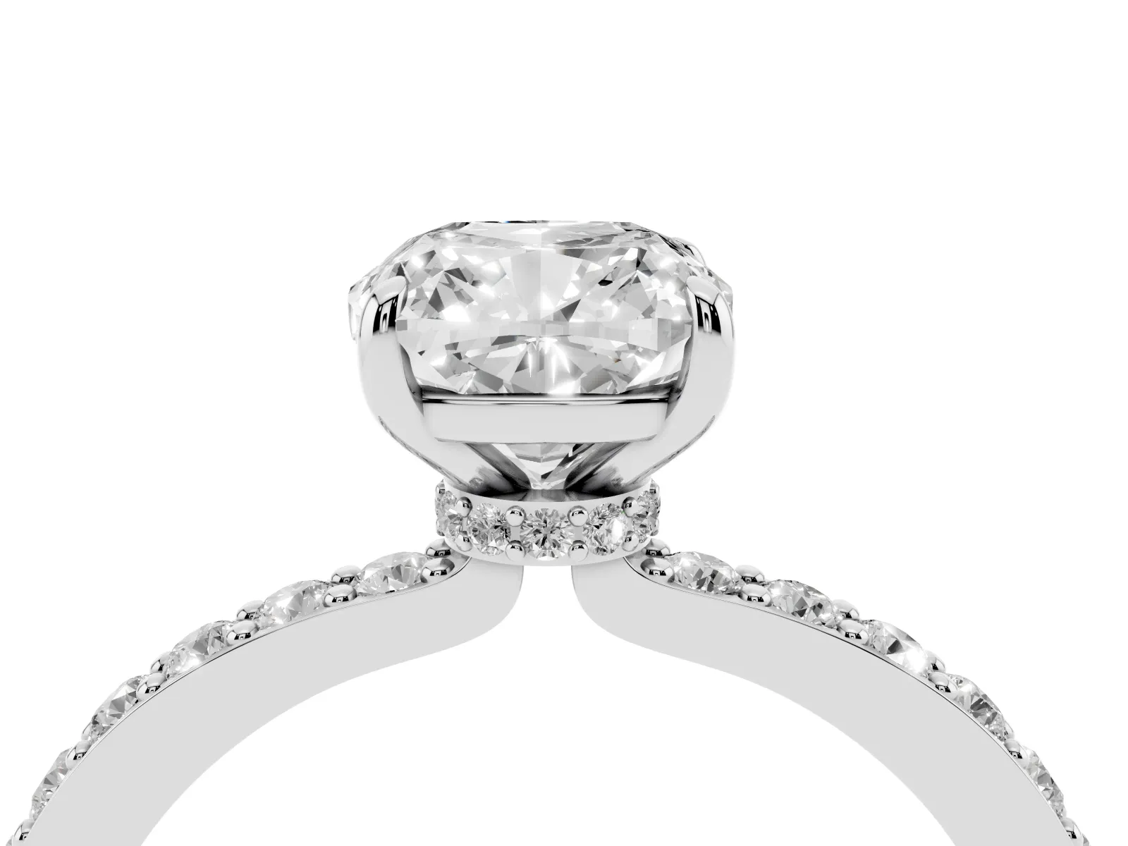 Cushion Cut Diamond Solitaire Engagement Ring with Pavé Band and Four-Prong Setting White gold