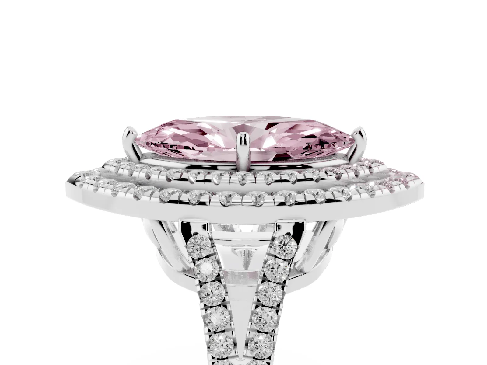 Fancy Pink Marquise Cut Diamond Double Halo Ring with Pavé Band and Prong Setting Platinum