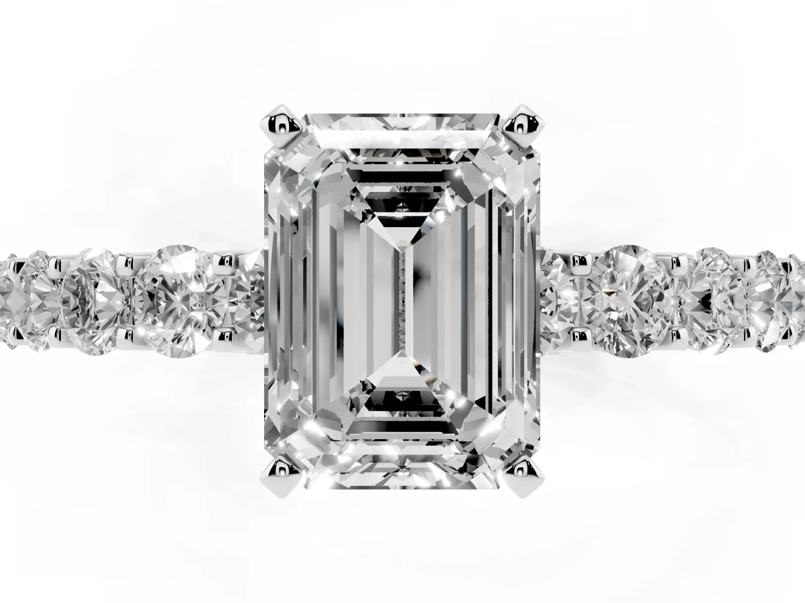 Emerald Cut Diamond Solitaire Ring with Shared Prong Pavé Band and Four-Prong Setting White gold