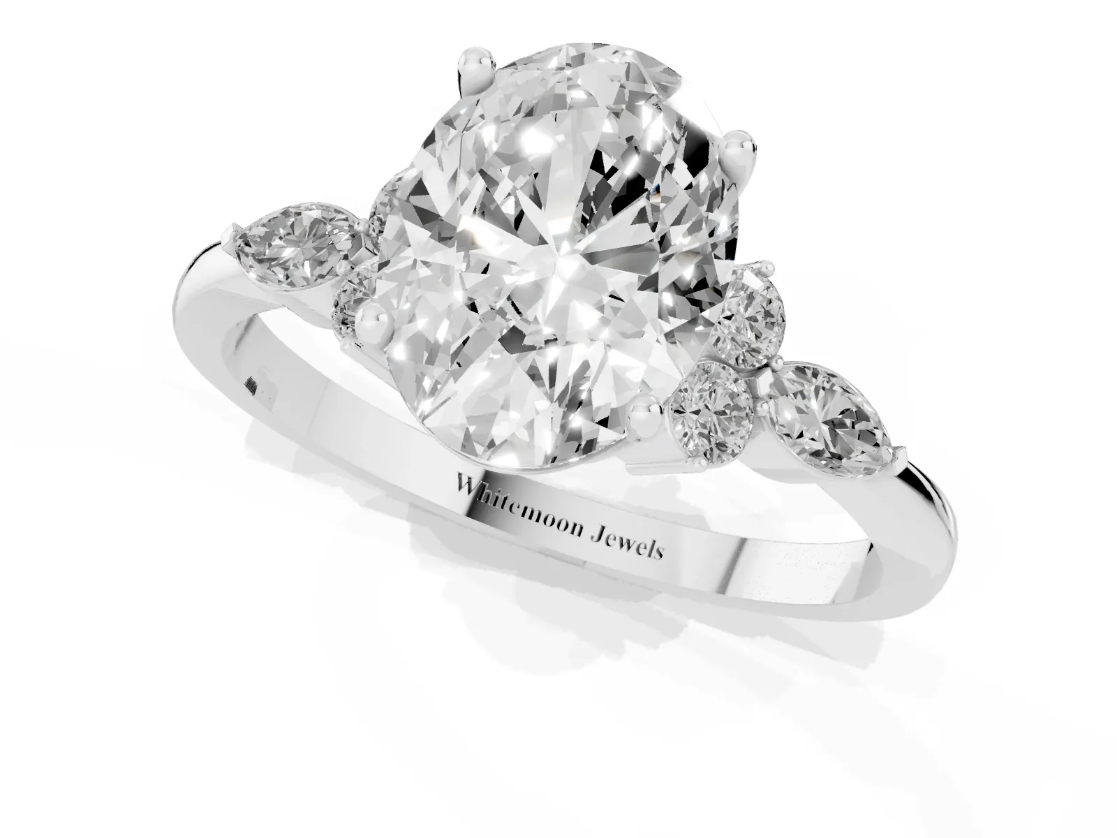 Oval Cut Brilliant Diamond Solitaire Ring with Pear Side Stones and Four-Prong Setting Platinum