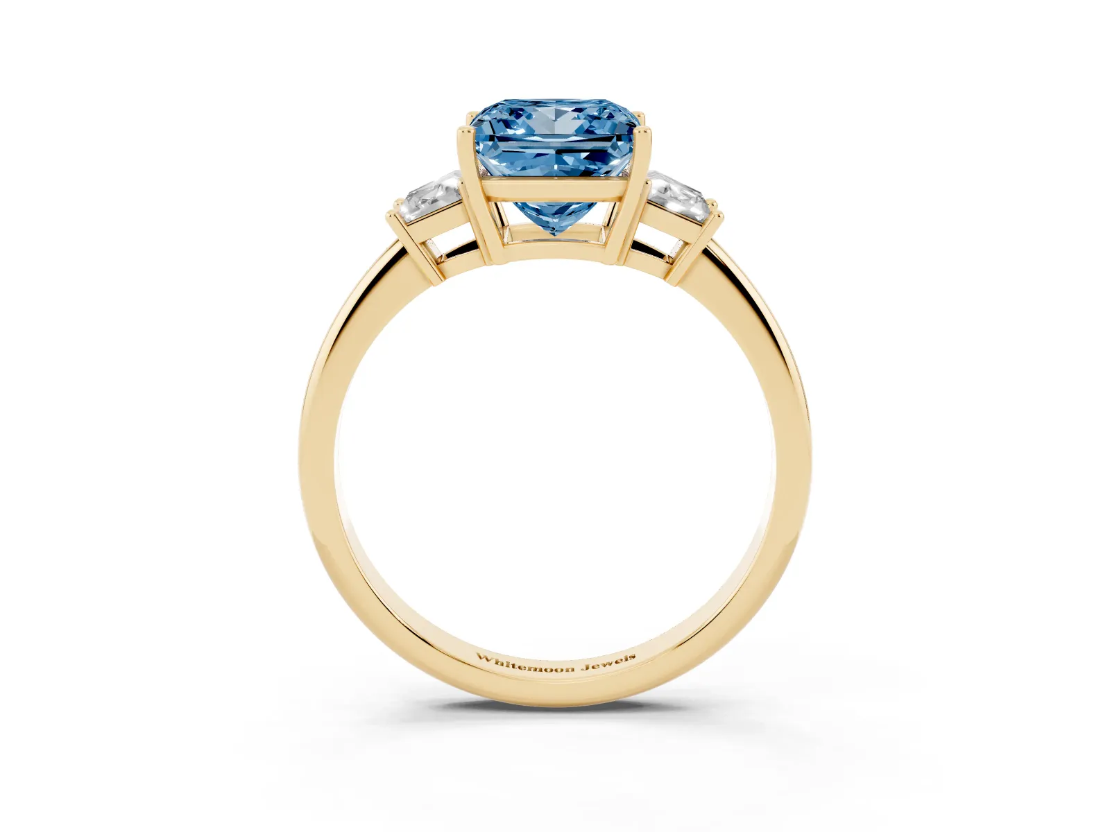 Fancy Blue Princess Cut Diamond Three-Stone Ring with Trapezoid Side Stones and Prong Setting Yellow gold