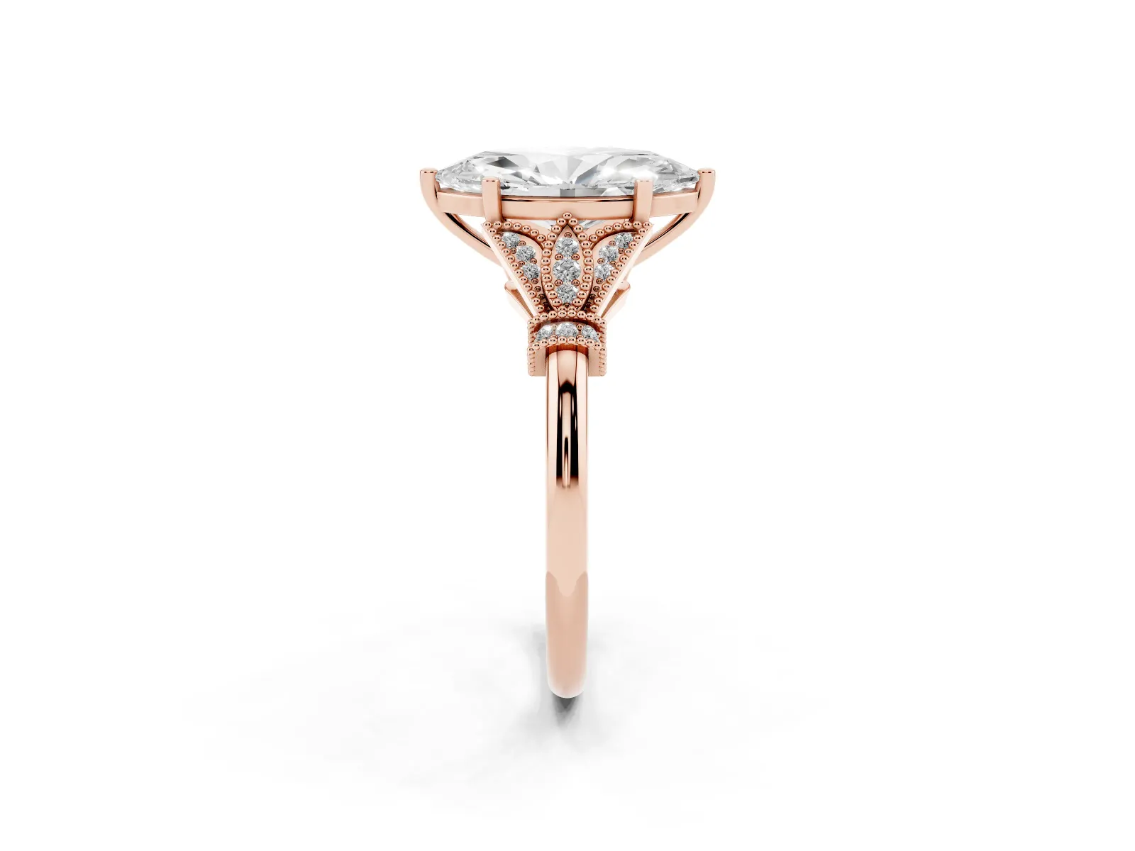 Marquise Cut Diamond Solitaire Ring with Floral Filigree and Pave Accents Rose gold