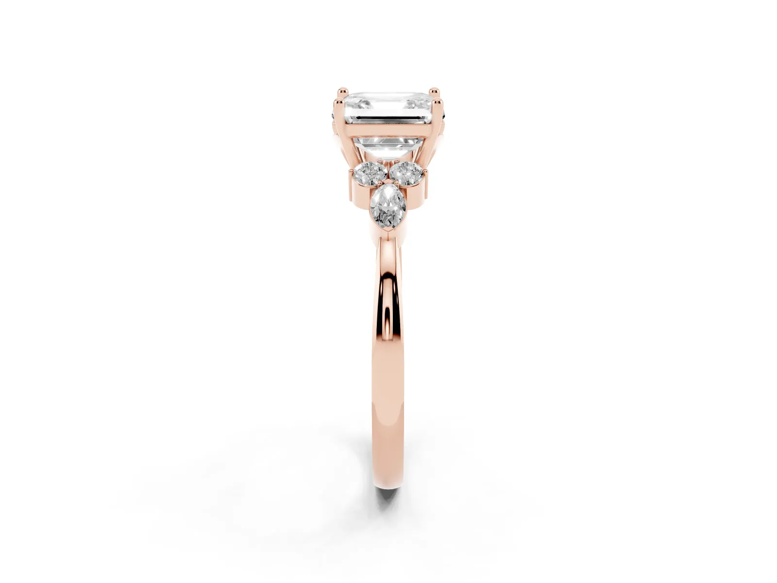 Asscher Cut Brilliant Diamond Solitaire Ring with Pear Side Stones and Four-Prong Setting Rose gold