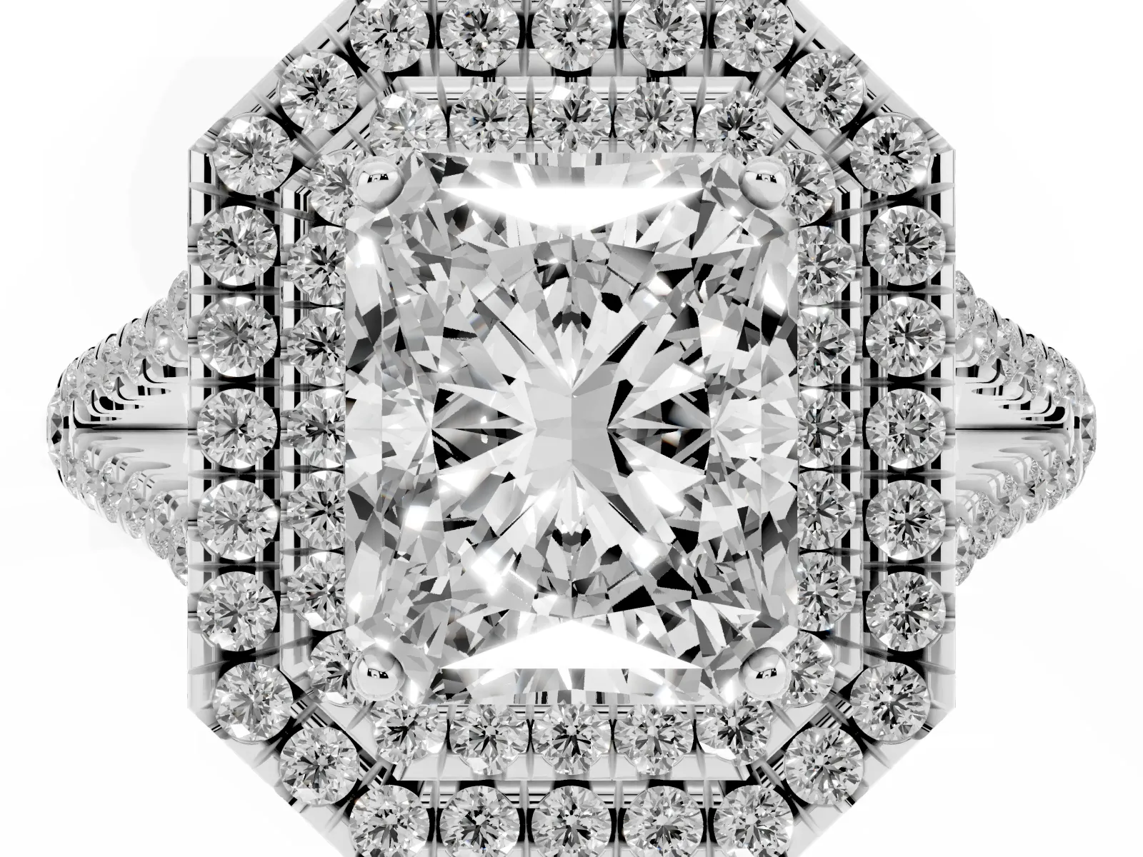 Radiant Cut Diamond Double Halo Ring with Pavé Band and Prong Setting Platinum