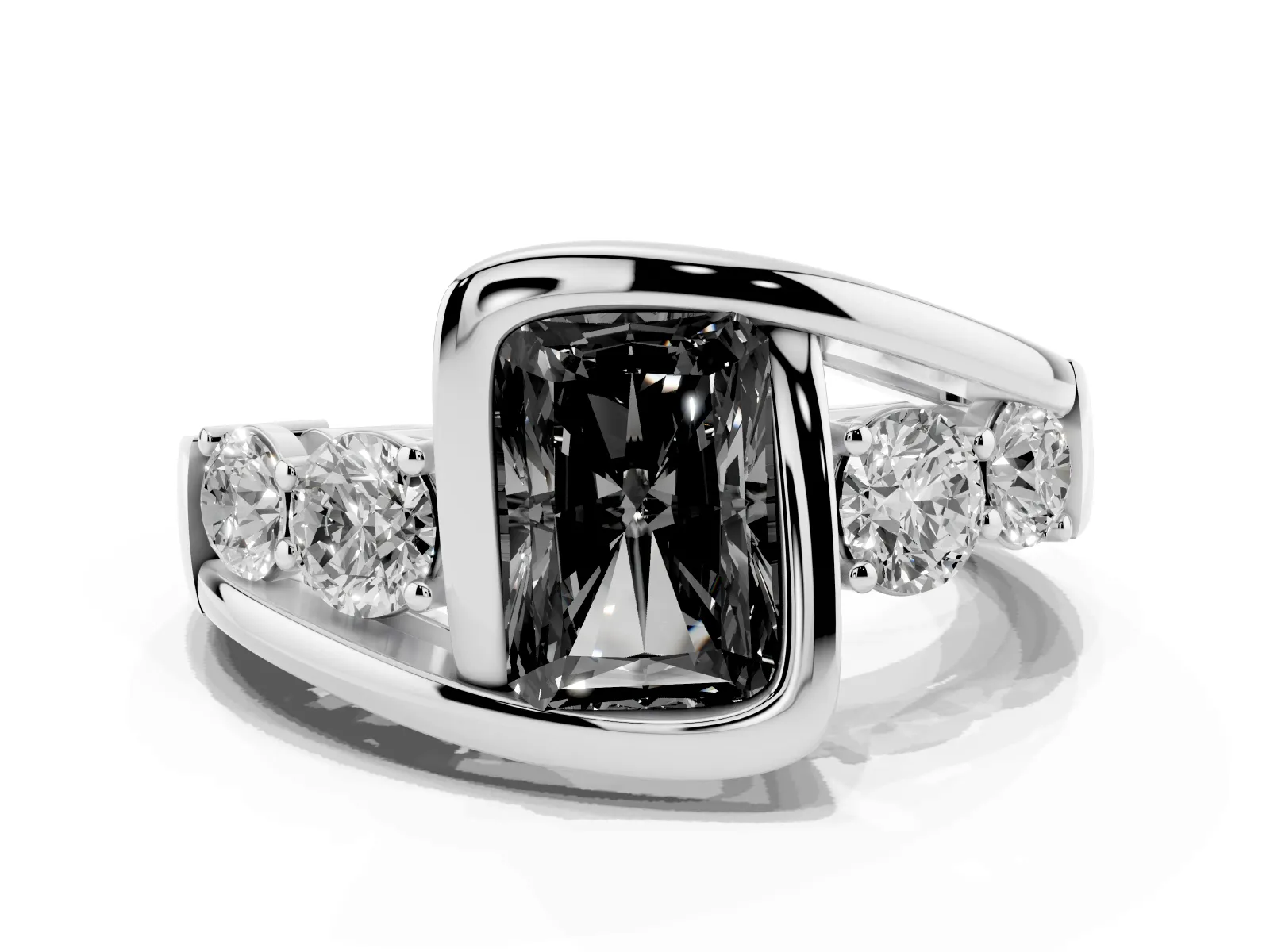 Fancy Black Bezel Set Radiant Cut Diamond Bypass Ring with Round Accents White gold