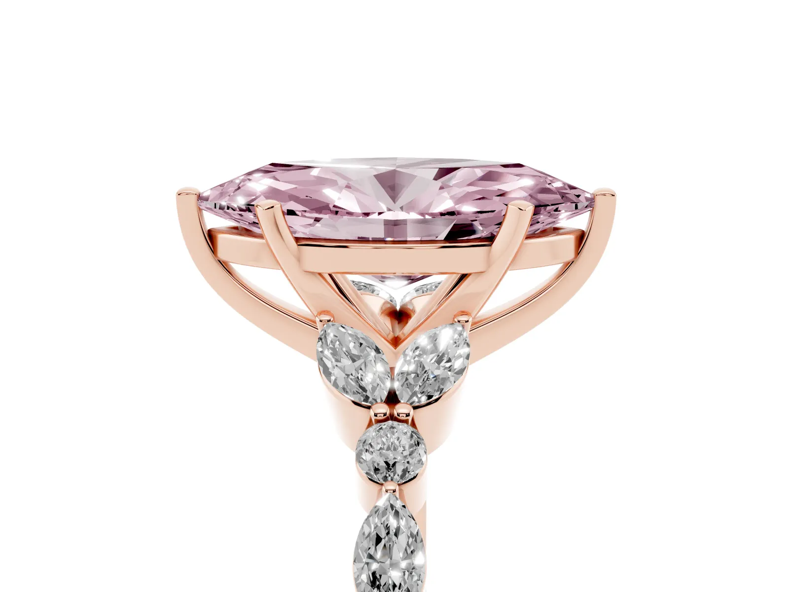 Fancy Pink Marquise Cut Diamond Solitaire Ring with Side Stones and Four-Prong Setting Rose gold