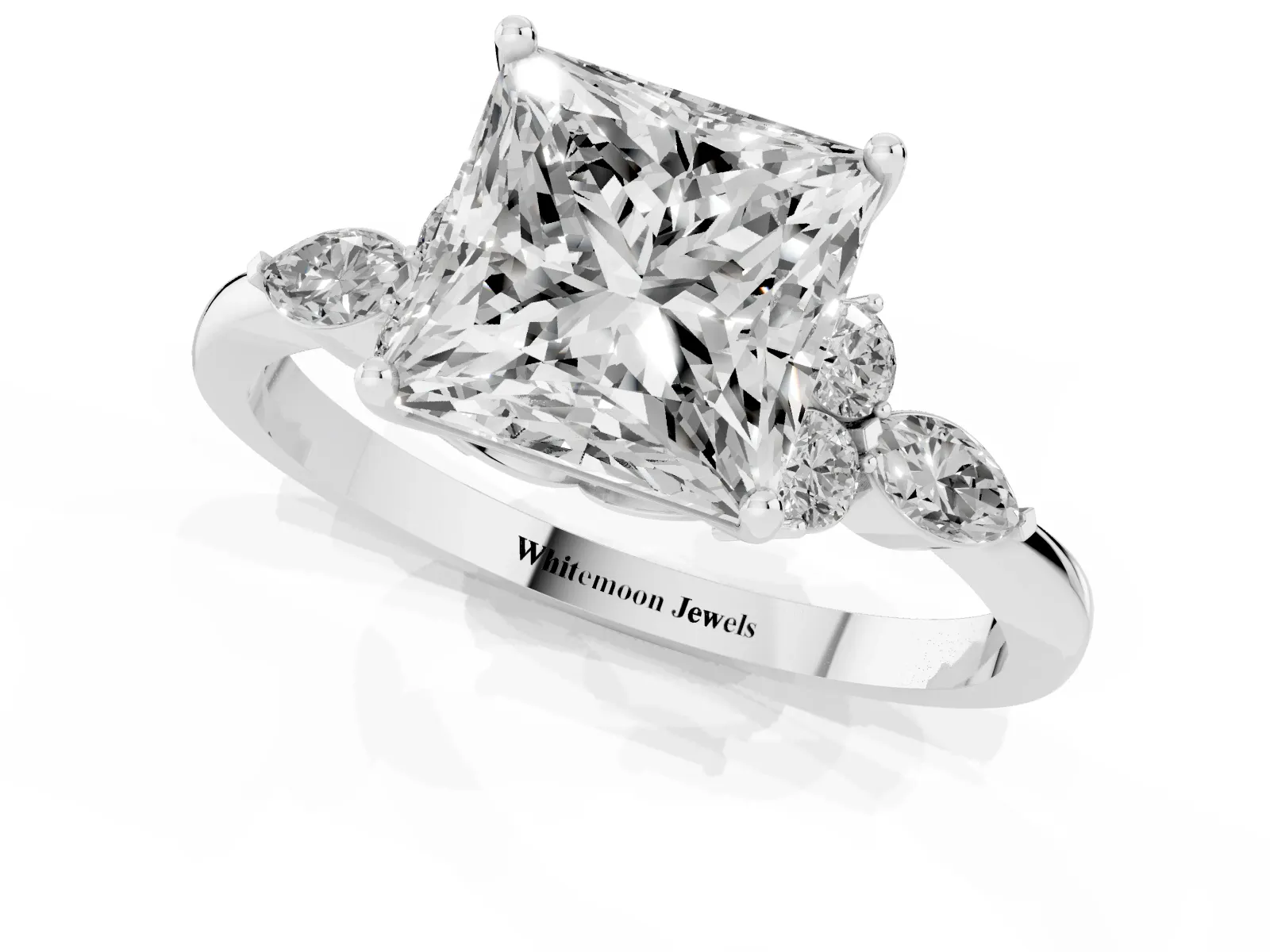 Princess Cut Brilliant Diamond Solitaire Ring with Pear Side Stones and Four-Prong Setting Platinum