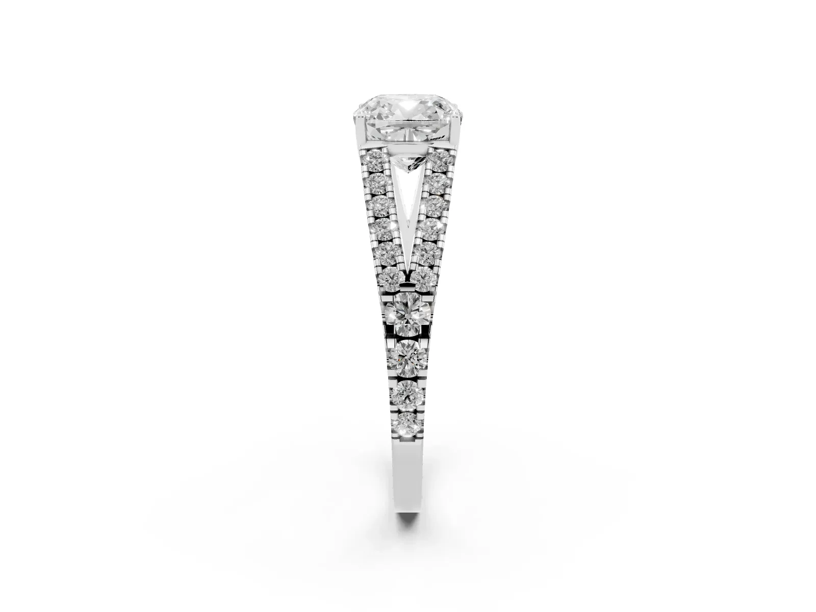 Cushion Cut Diamond Split Shank Engagement Ring with Round Pavé and Prong Setting White gold