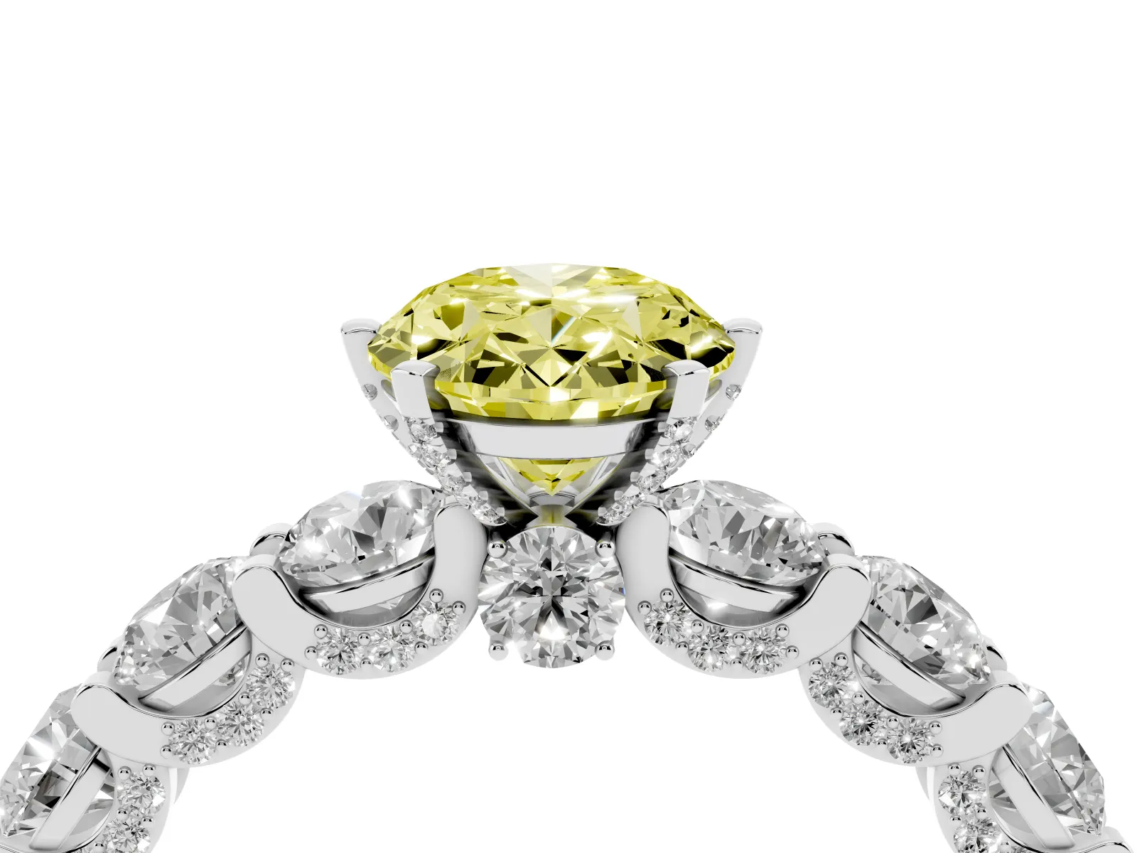 Fancy Yellow Oval Cut Diamond Side Stone Engagement Ring with Four-Prong Setting White gold