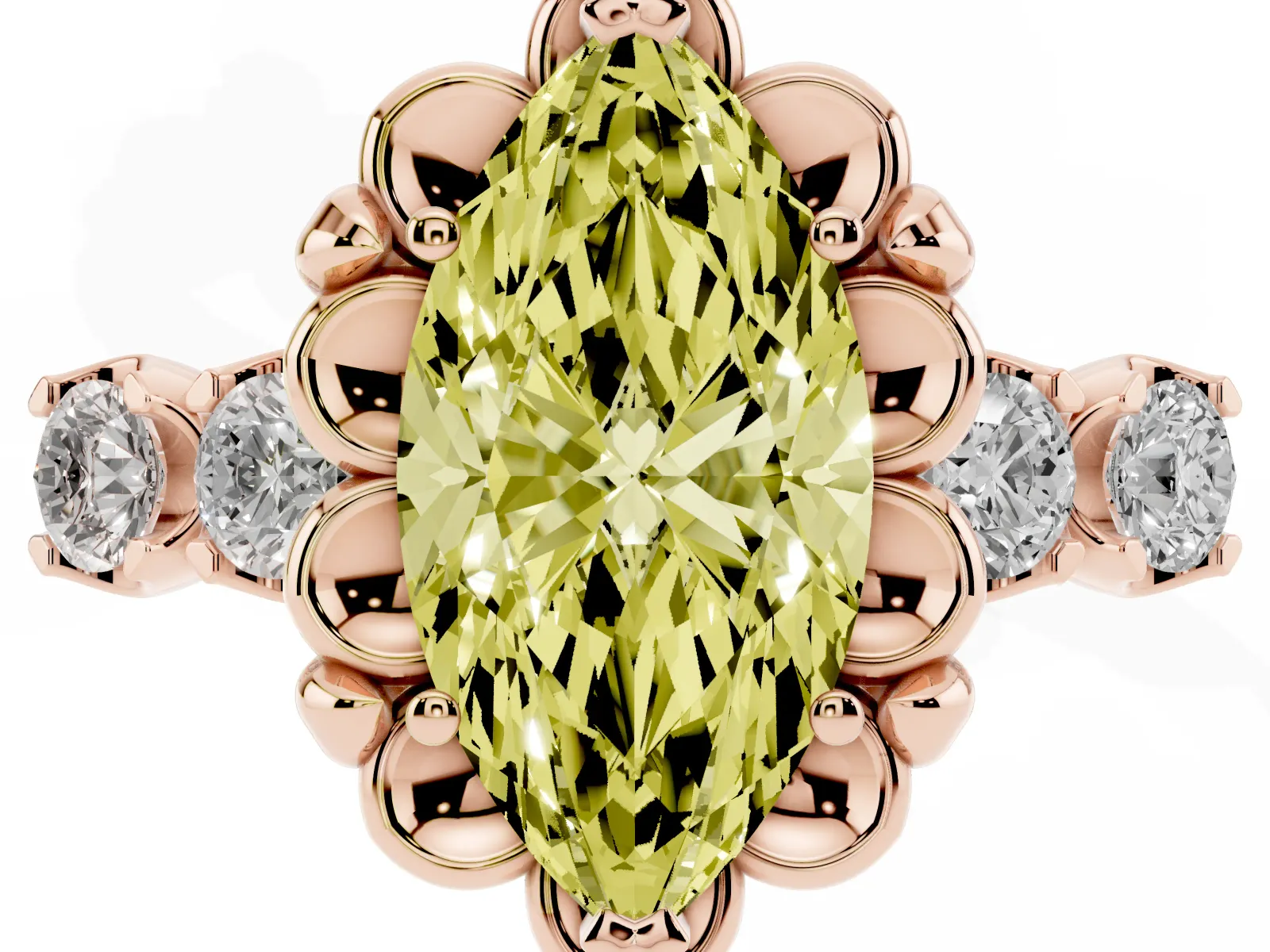 Fancy Yellow Marquise Cut Cut Diamond Floral Halo Engagement Ring with Shared Prong Setting Rose gold