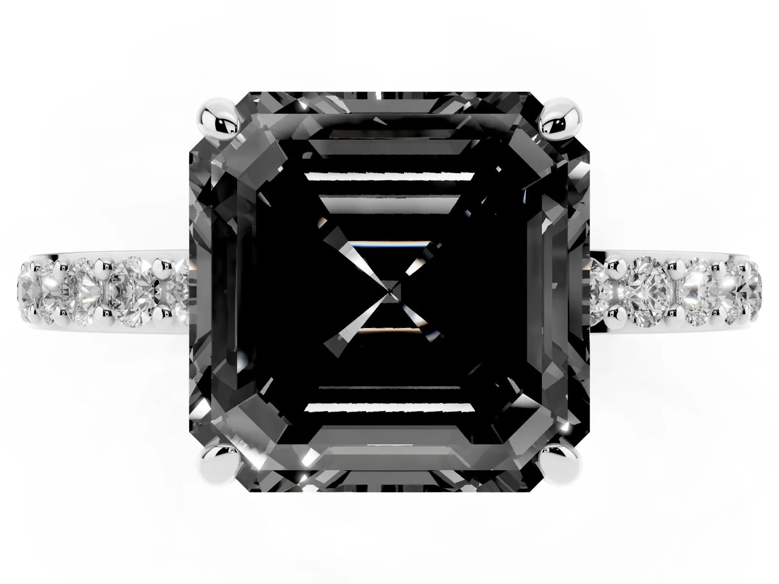 Fancy Black Asscher Cut Diamond Solitaire Engagement Ring with Pavé Band and Four-Prong Setting White gold