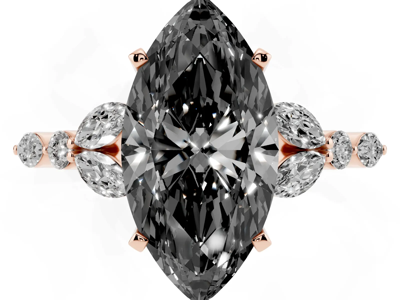 Fancy Black Marquise Cut Diamond Solitaire Ring with Side Stones and Four-Prong Setting Rose gold