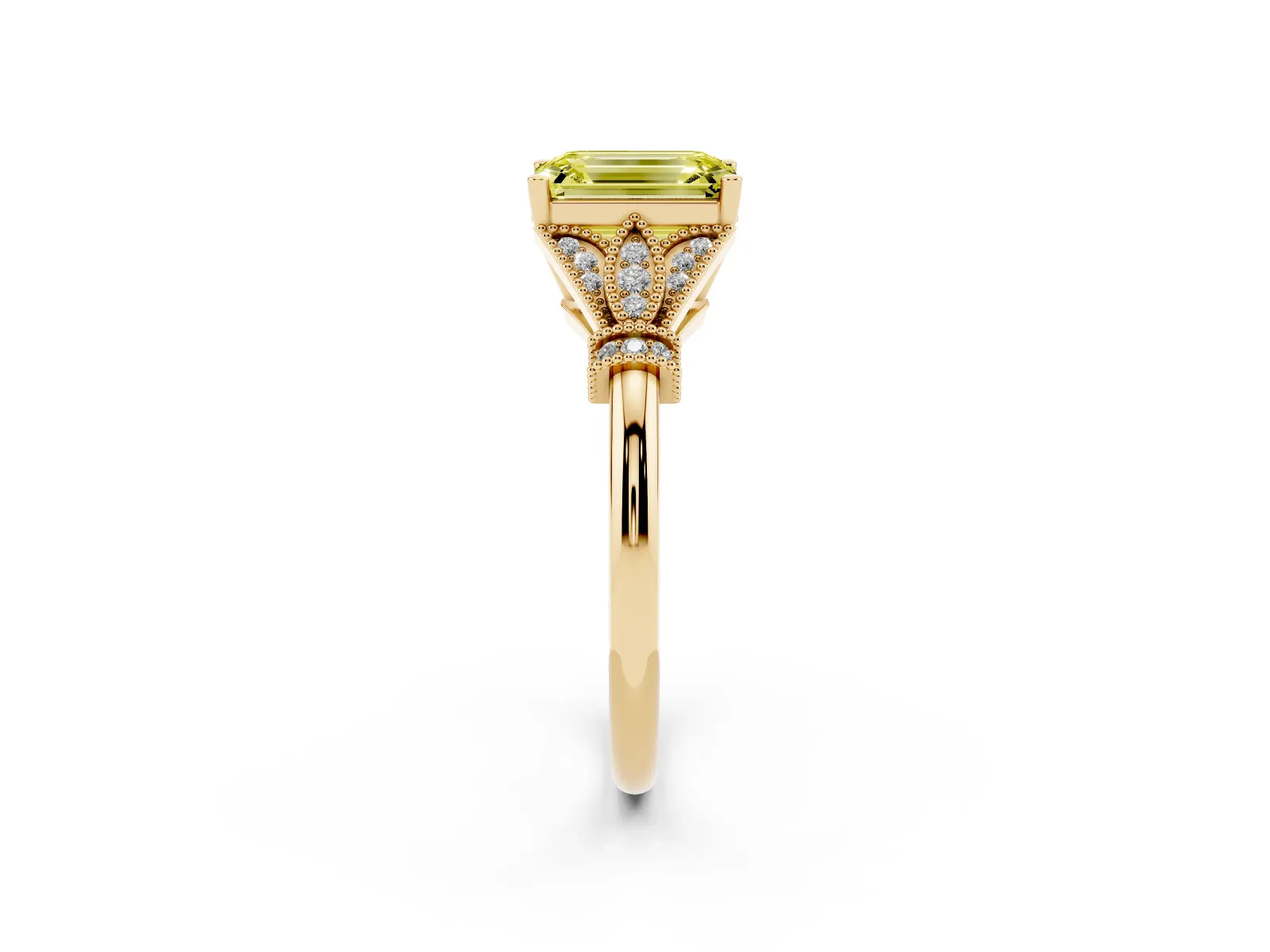 Fancy Yellow Emerald Cut Diamond Solitaire Ring with Floral Filigree and Pave Accents Yellow gold