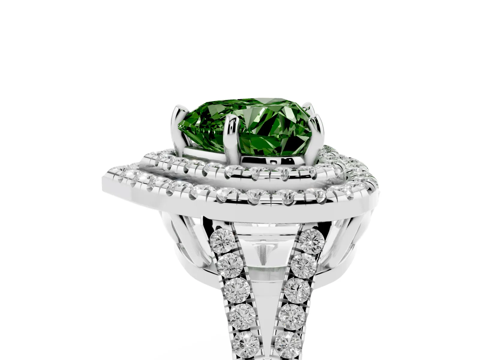 Fancy Green Heart Cut Diamond Double Halo Ring with Pavé Band and Prong Setting Platinum