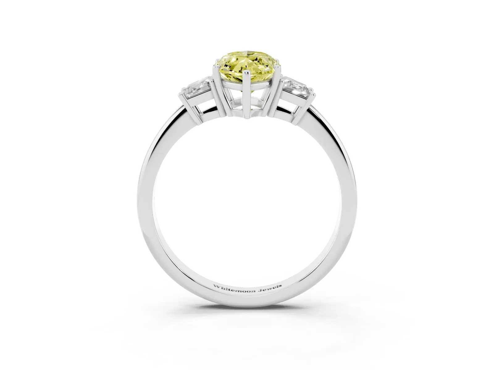 Fancy Yellow Marquise Cut Diamond Three-Stone Ring with Trapezoid Side Stones and Prong Setting Platinum