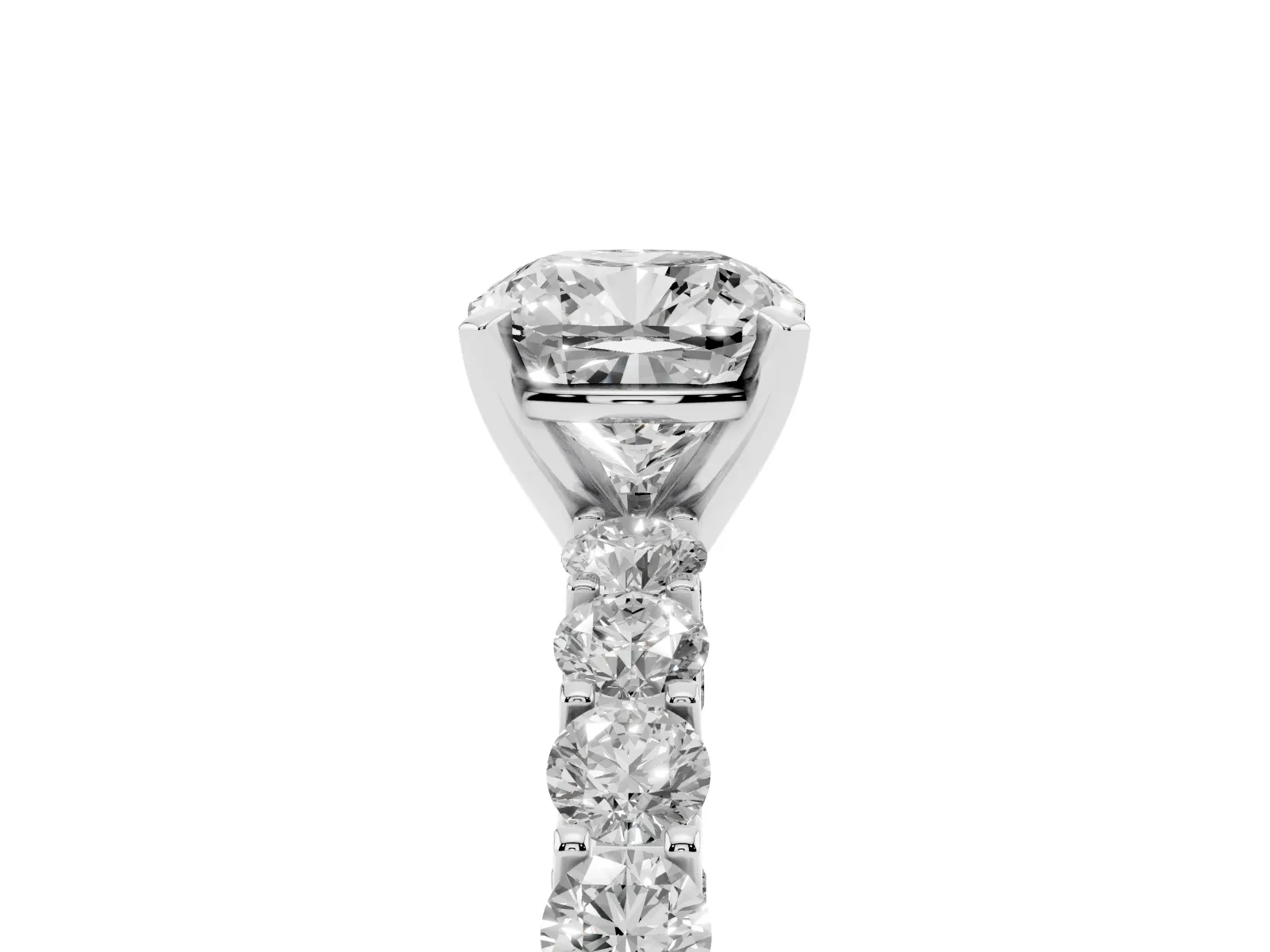 Cushion Cut Diamond Solitaire Ring with Shared Prong Pavé Band and Four-Prong Setting White gold