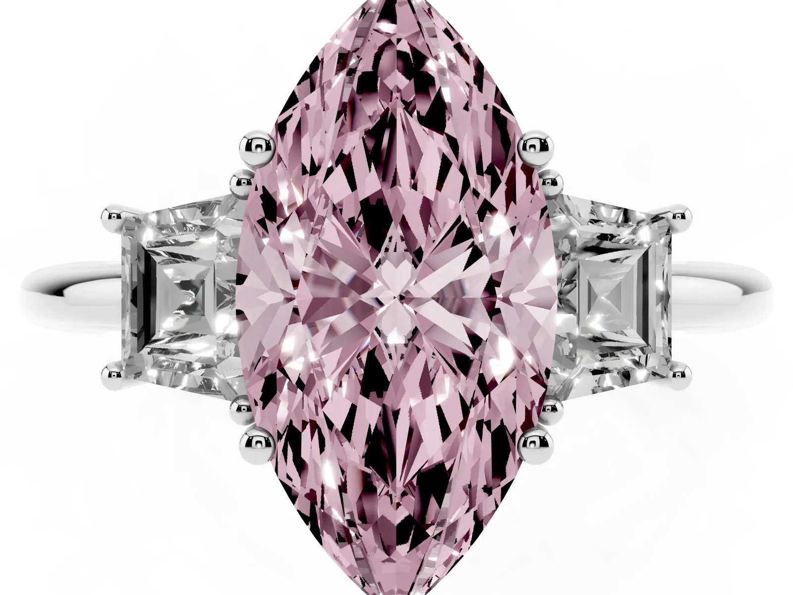 Fancy Pink Marquise Cut Diamond Three-Stone Ring with Trapezoid Side Stones and Prong Setting Platinum