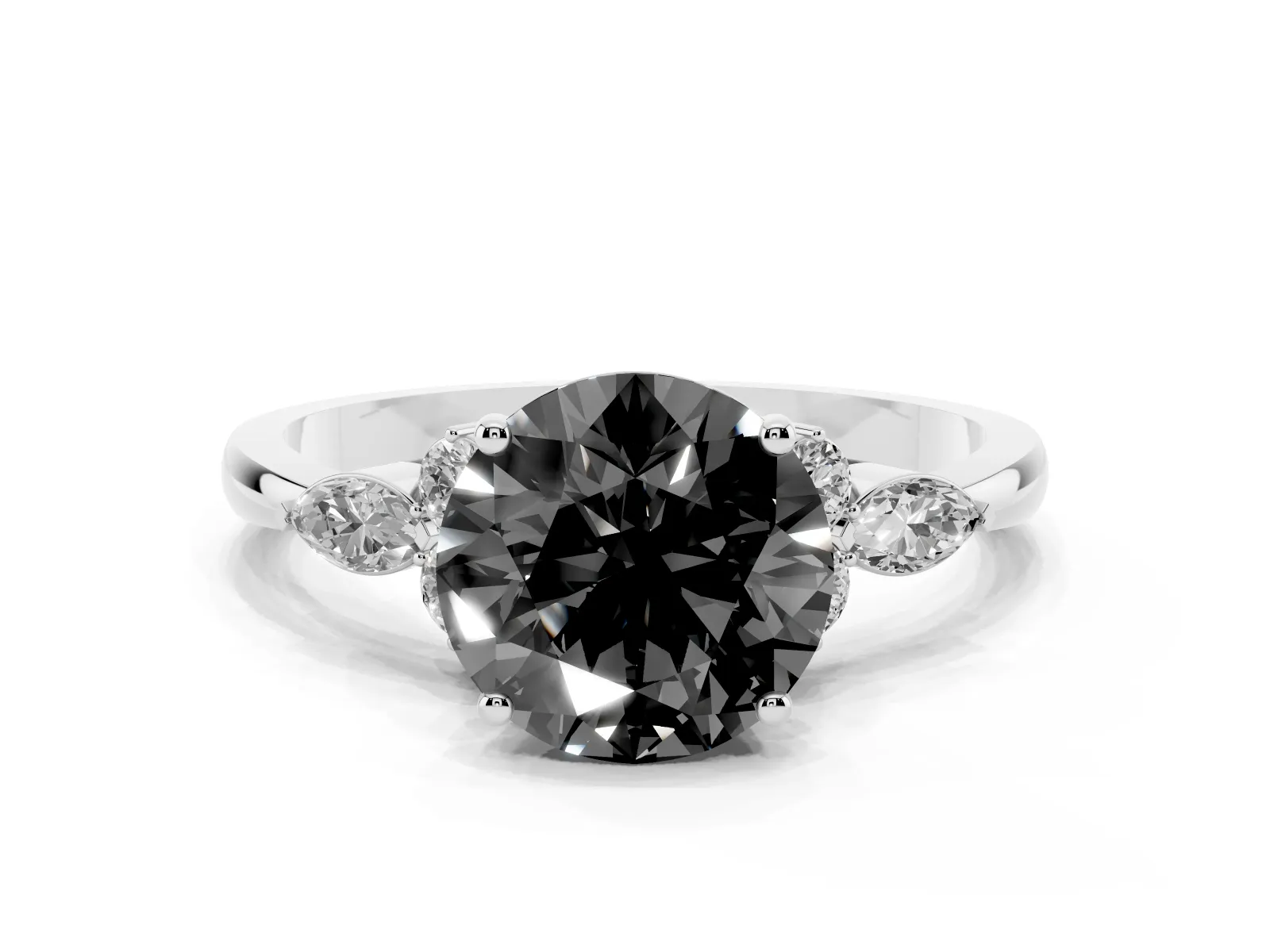 Fancy Black Round Cut Brilliant Diamond Solitaire Ring with Pear Side Stones and Four-Prong Setting Platinum