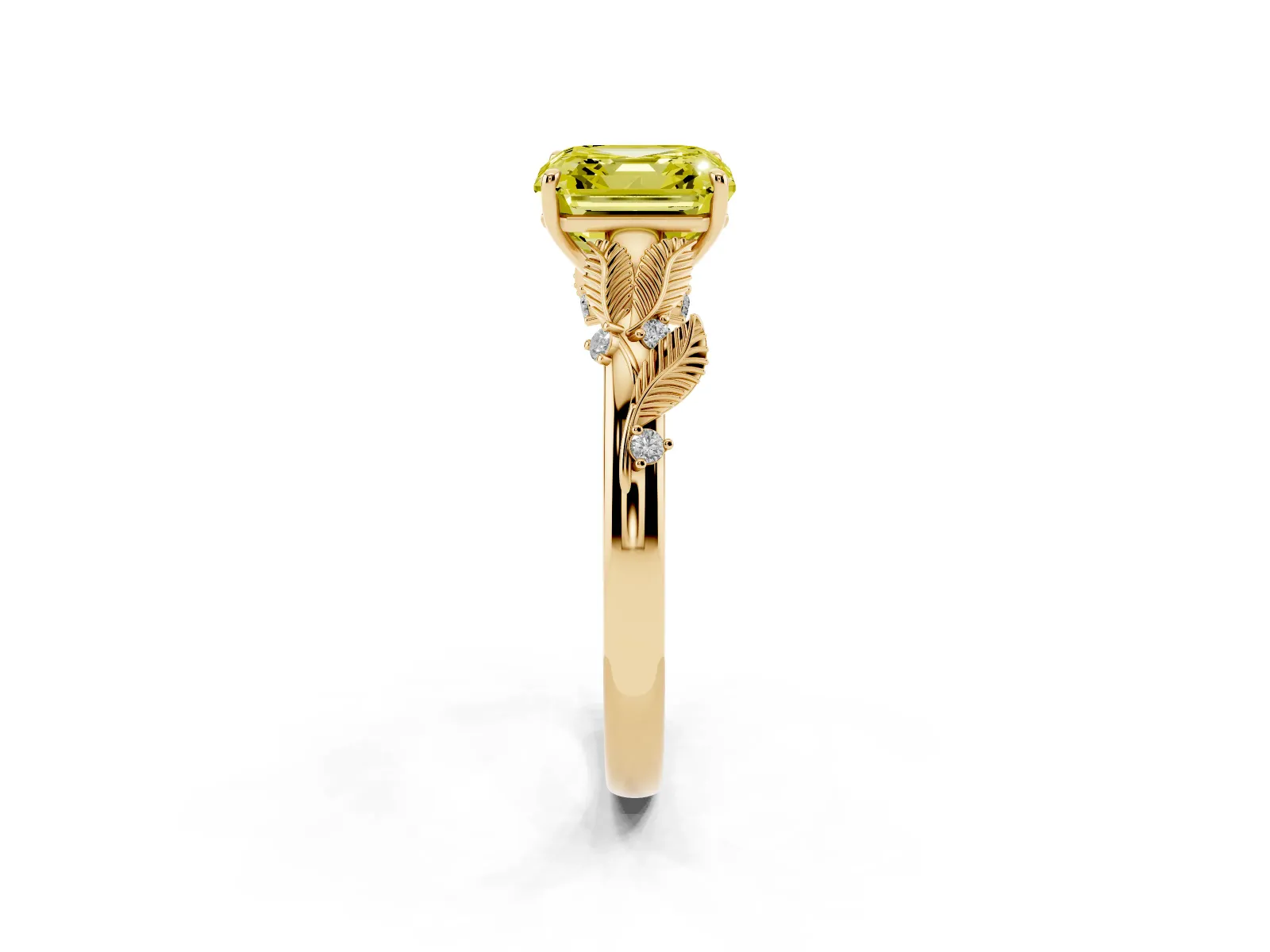 Fancy Yellow Asscher Cut Diamond Solitaire Ring with Leaf Motif Band and Four-Prong Setting Yellow gold