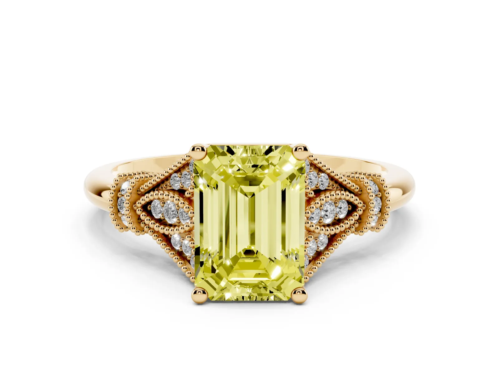 Fancy Yellow Emerald Cut Diamond Solitaire Ring with Floral Filigree and Pave Accents Yellow gold