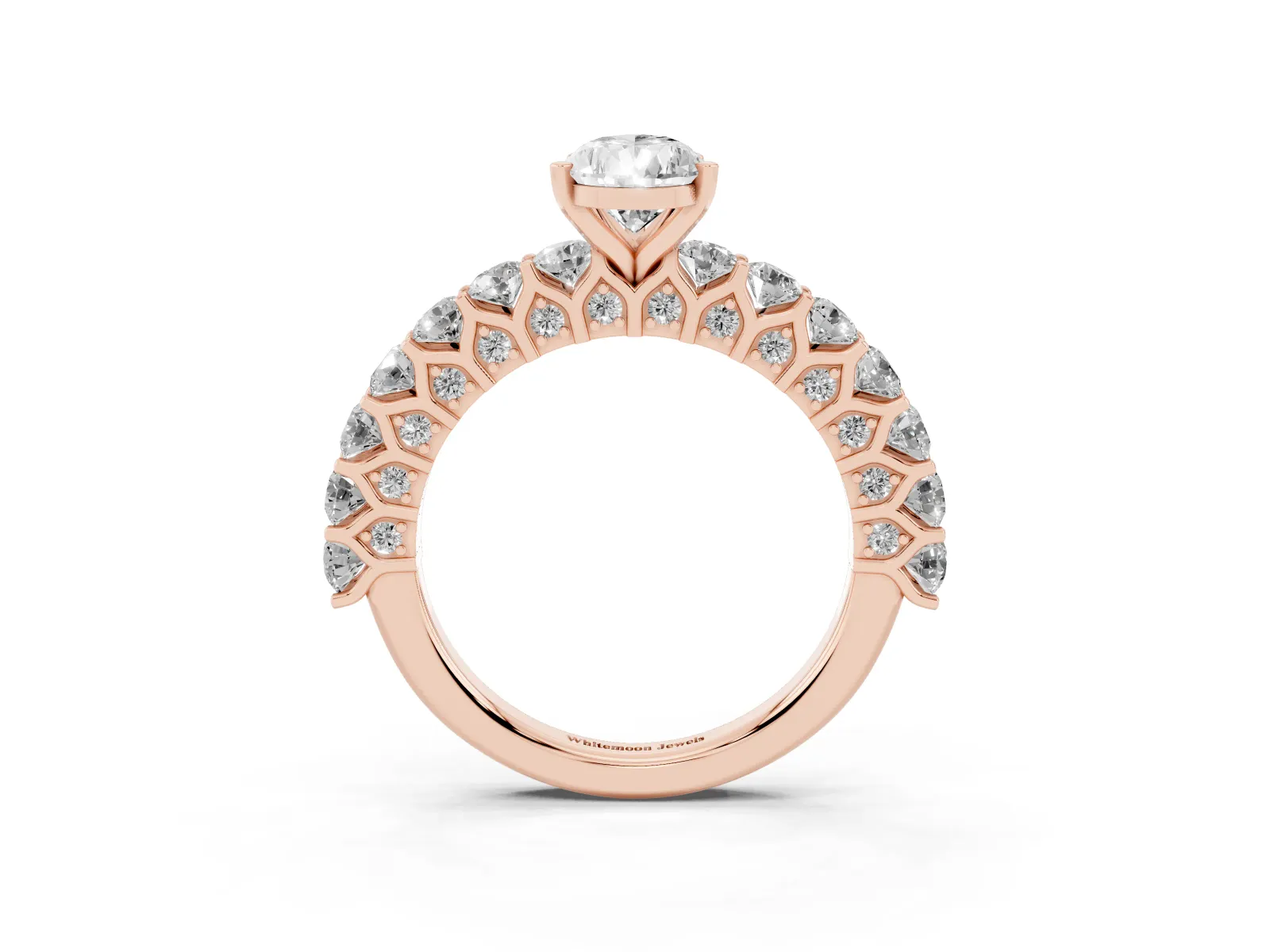 Pear Cut Diamond Solitaire Ring with Shared Prong Pavé Band and Four-Prong Setting Rose gold