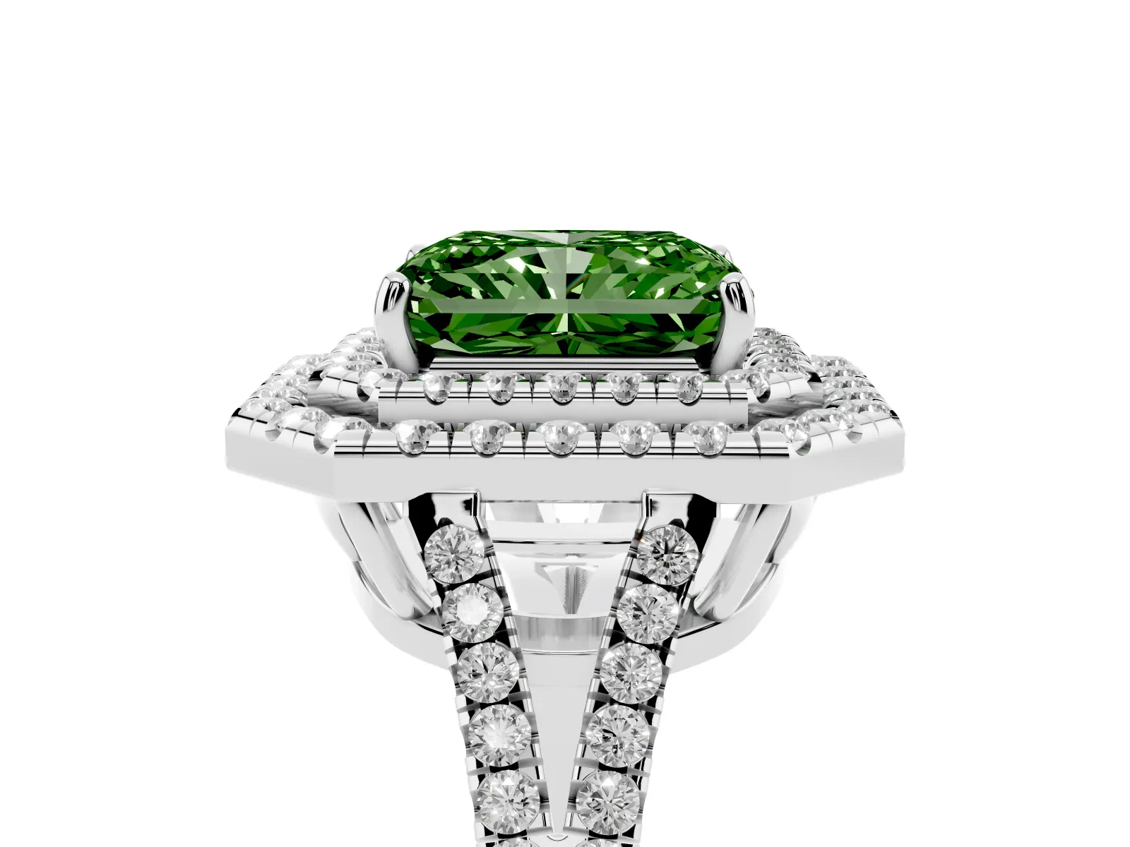 Fancy Green Radiant Cut Diamond Double Halo Ring with Pavé Band and Prong Setting Platinum