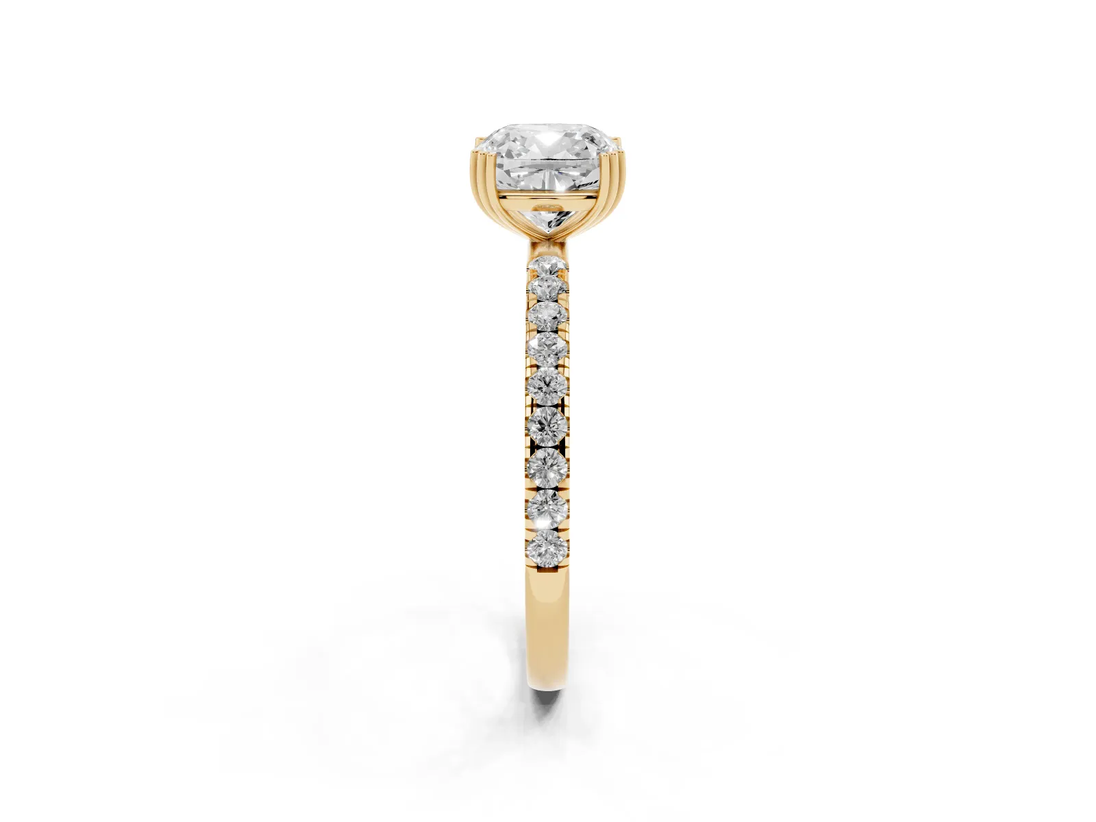 Cushion Cut Brilliant Solitaire with Pavé Band and Claw Prong Setting Yellow gold