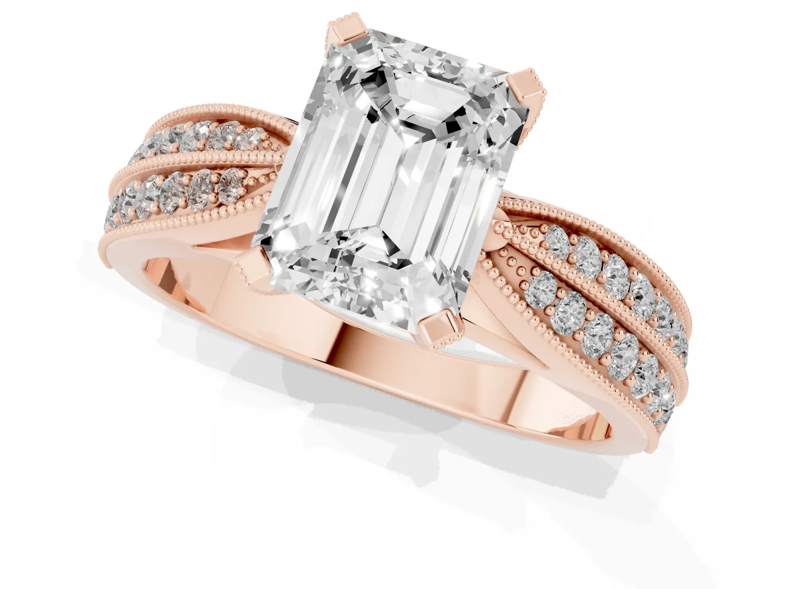 Emerald Cut Diamond Solitaire Ring with Milgrain Round Pavé Band and Prong Setting Rose gold