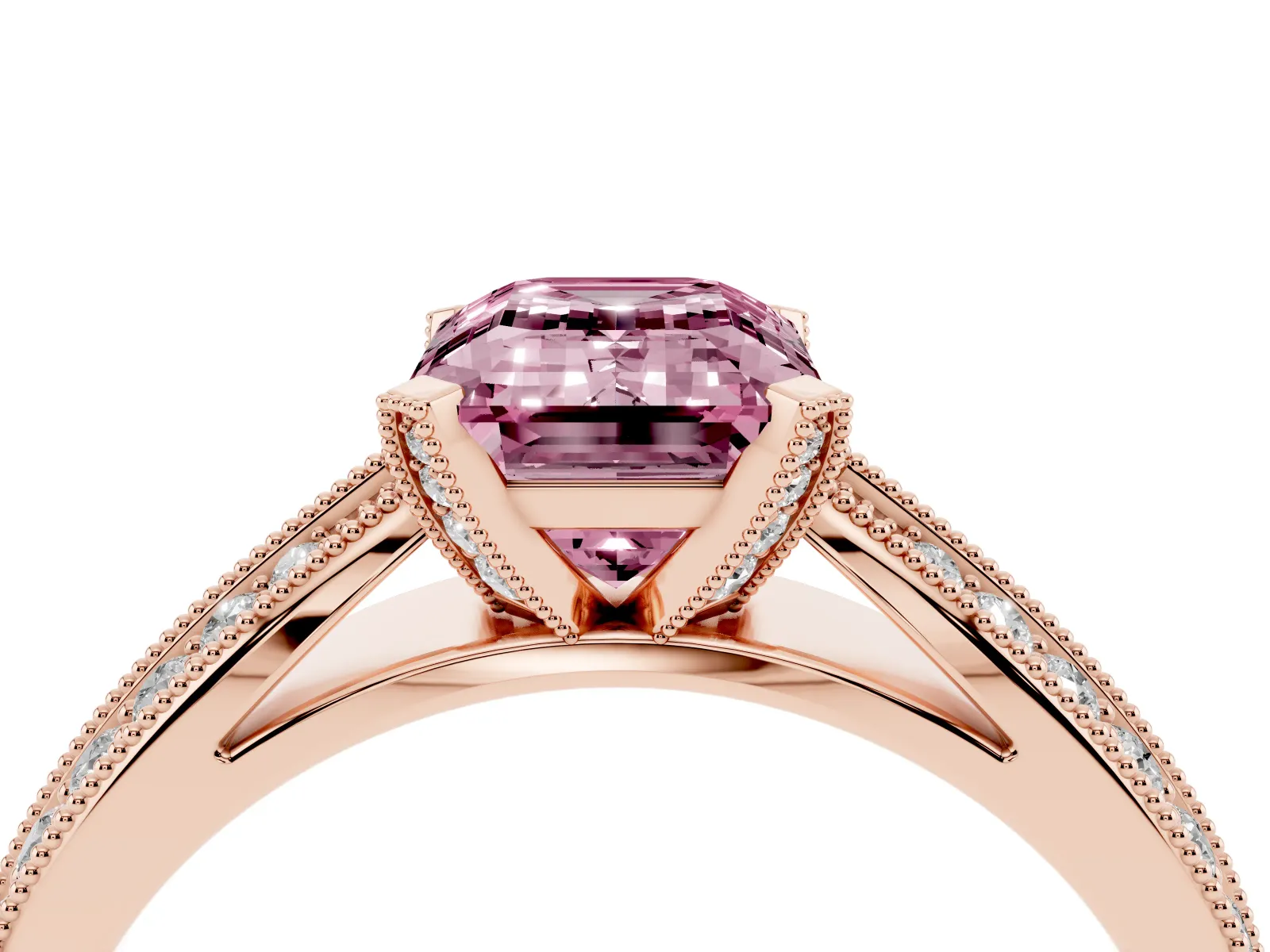 Fancy Pink Emerald Cut Diamond Solitaire Ring with Milgrain Round Pavé Band and Prong Setting Rose gold