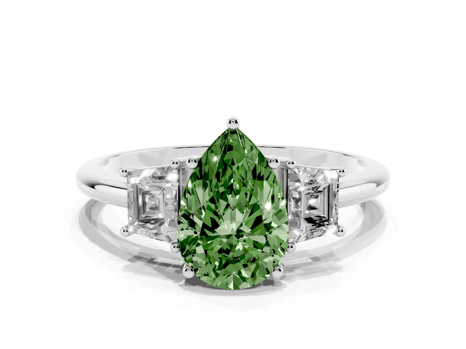 Fancy Green Pear Cut Diamond Three-Stone Ring with Trapezoid Side Stones and Prong Setting Platinum