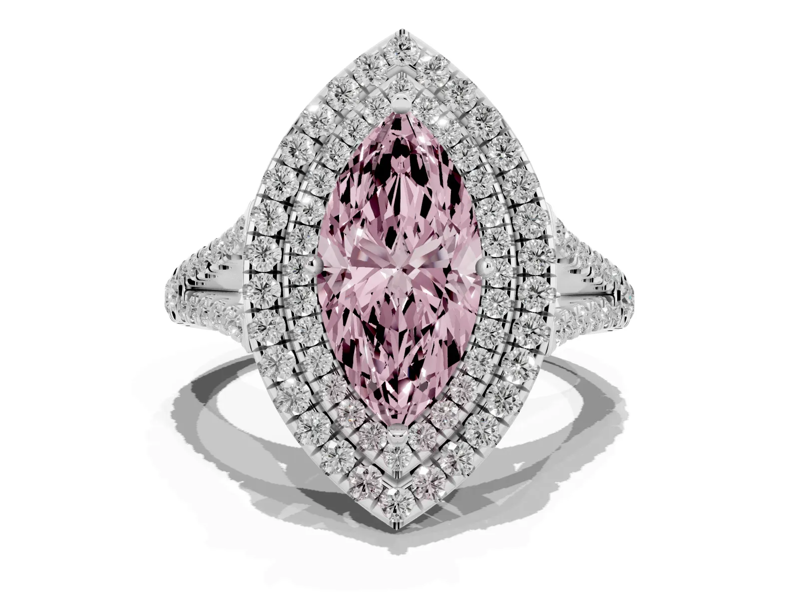 Fancy Pink Marquise Cut Diamond Double Halo Ring with Pavé Band and Prong Setting Platinum