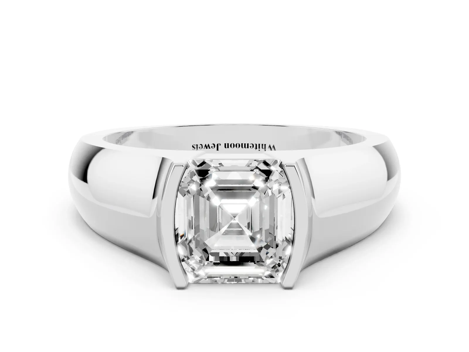 Asscher Cut Solitaire Bezel Set Diamond Ring with Wide Band Platinum