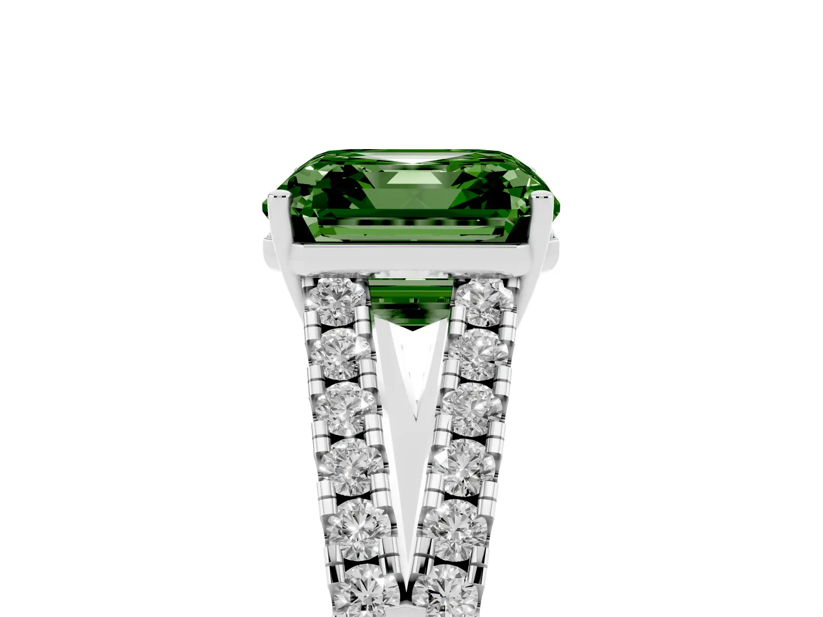 Fancy Green Asscher Cut Diamond Split Shank Engagement Ring with Round Pavé and Prong Setting White gold
