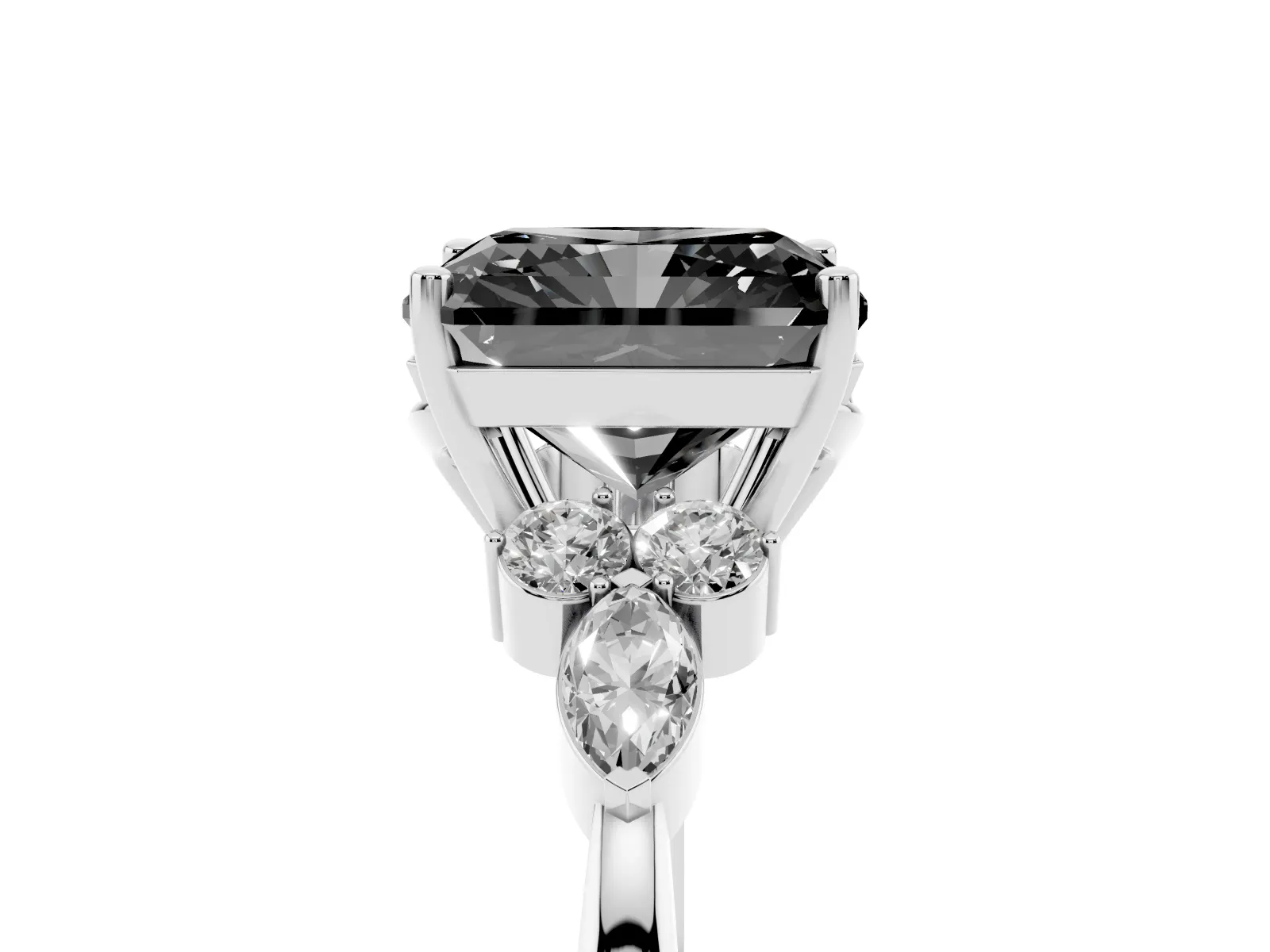 Fancy Black Radiant Cut Brilliant Diamond Solitaire Ring with Pear Side Stones and Four-Prong Setting White gold