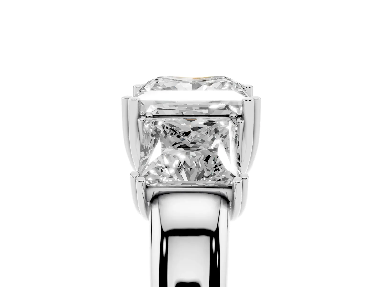 Three-Stone Princess Cut Cut Diamond Ring with Channel Set Band and Four-Prong Setting Platinum