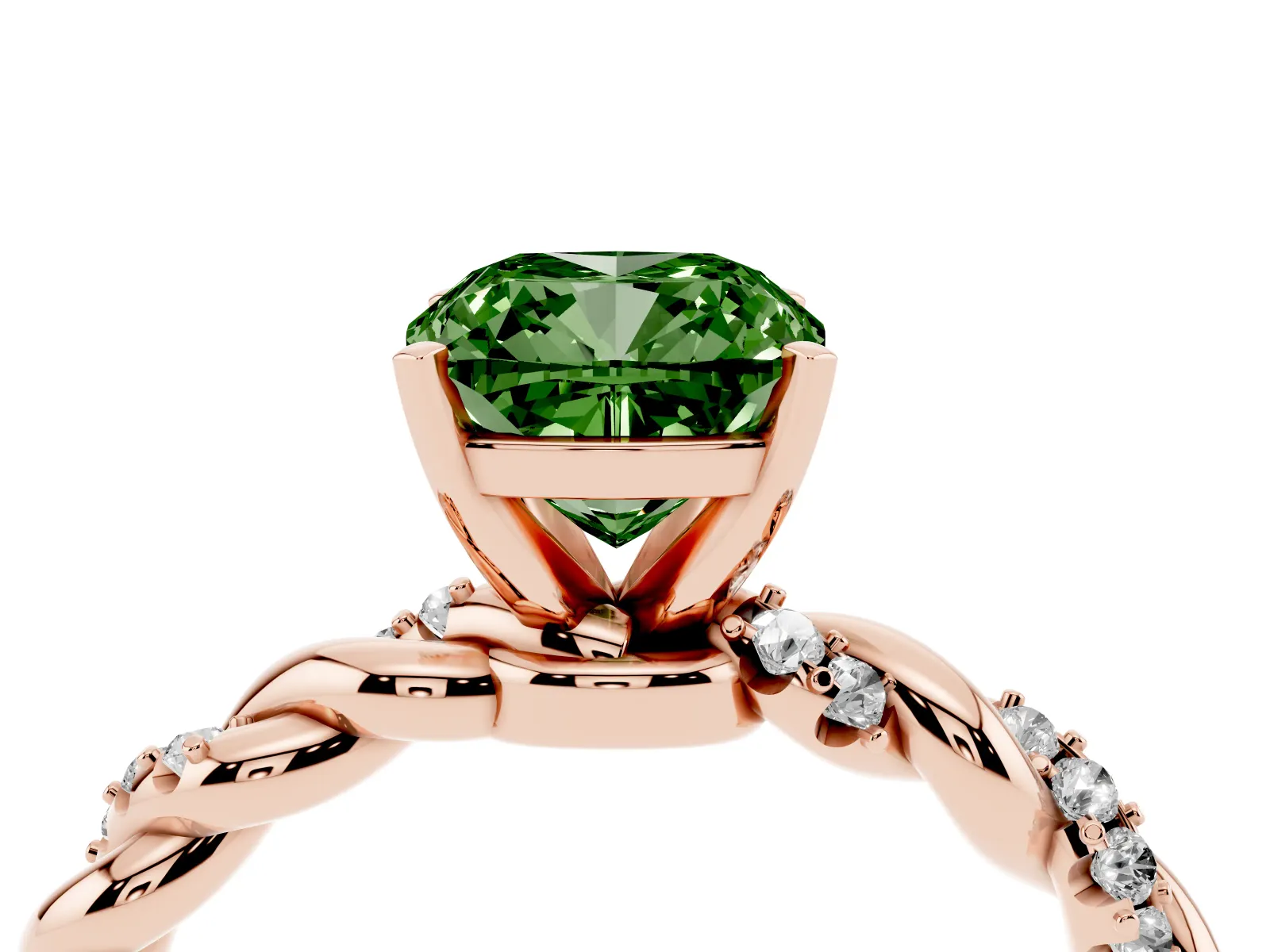 Fancy Green Cushion Cut Diamond Solitaire Ring with Twisted Band and Pavé Accents Rose gold