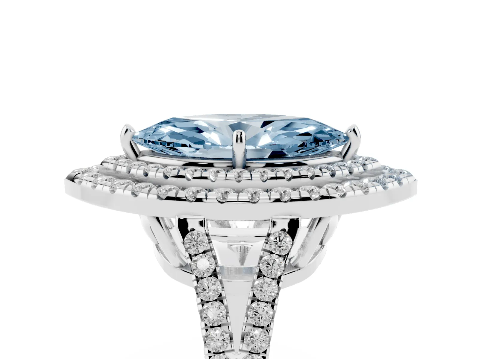 Fancy Blue Marquise Cut Diamond Double Halo Ring with Pavé Band and Prong Setting Platinum