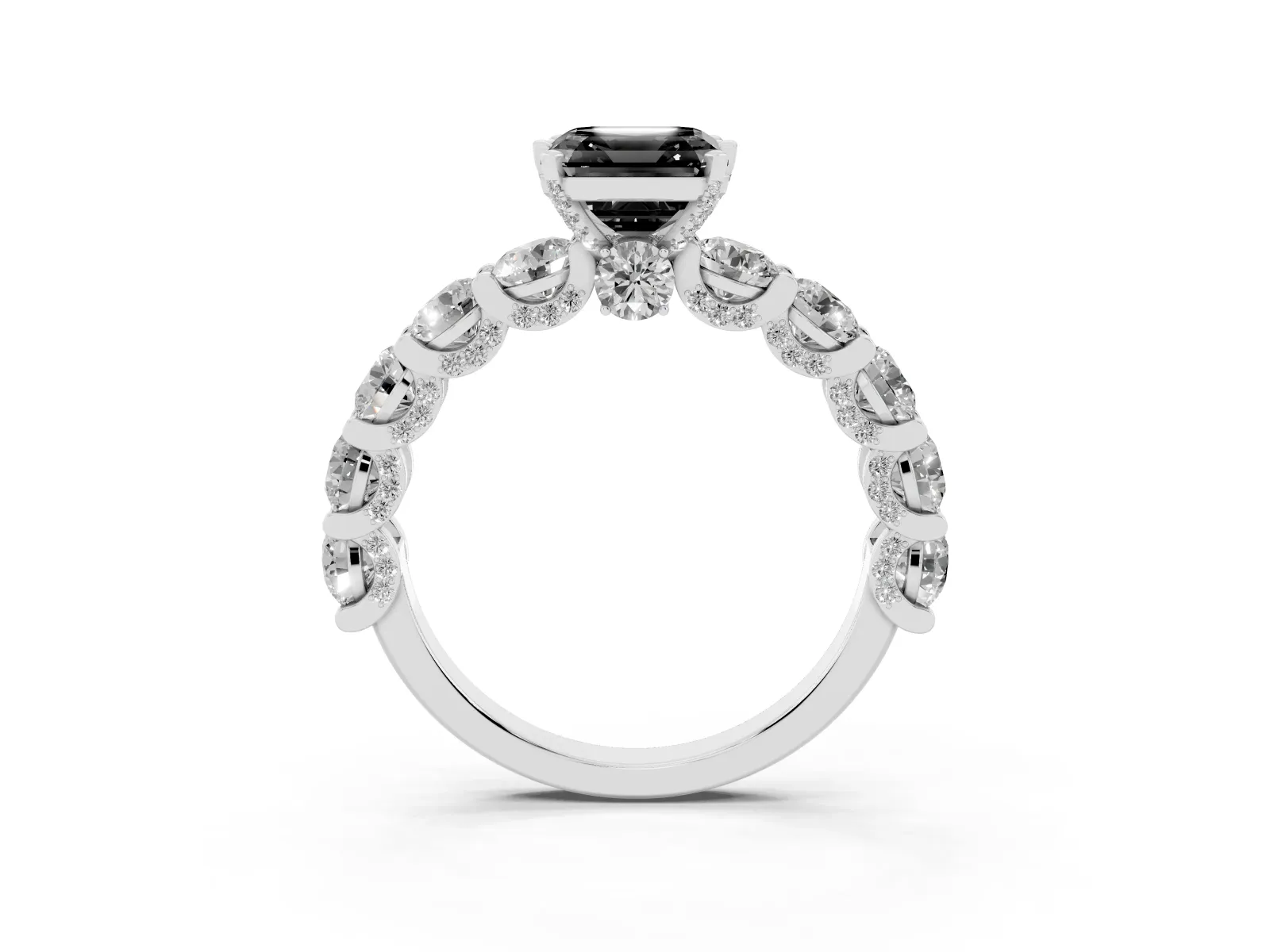 Fancy Black Asscher Cut Diamond Side Stone Engagement Ring with Four-Prong Setting Platinum
